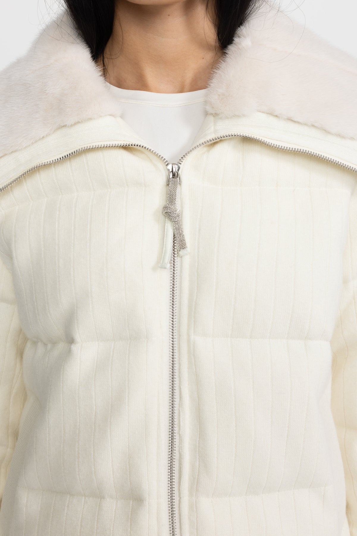 Corentine Ivoire Ribbed Cashmere Down Puffer Jacket with Mink Fur Collar