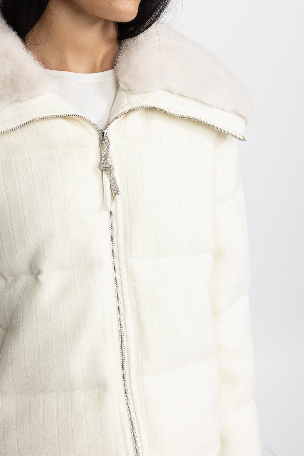 Corentine Ivoire Ribbed Cashmere Down Puffer Jacket with Mink Fur Collar