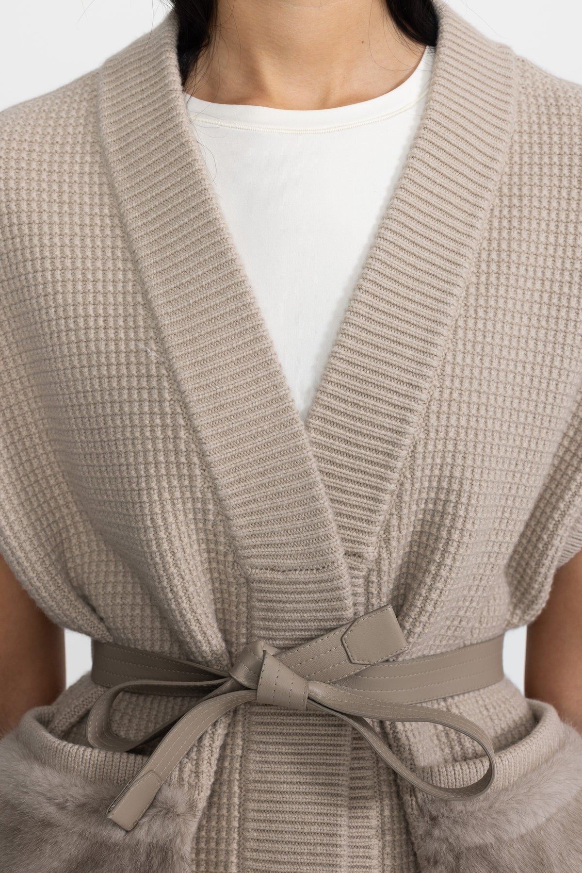 Clélia Beige Belted Waffle Knit Gilet with Mink Fur Pockets