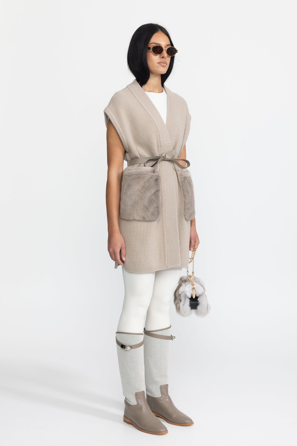 Clélia Beige Belted Waffle Knit Gilet with Mink Fur Pockets