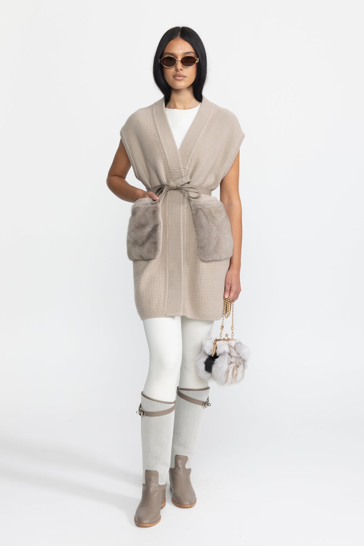 Clélia Beige Belted Waffle Knit Gilet with Mink Fur Pockets