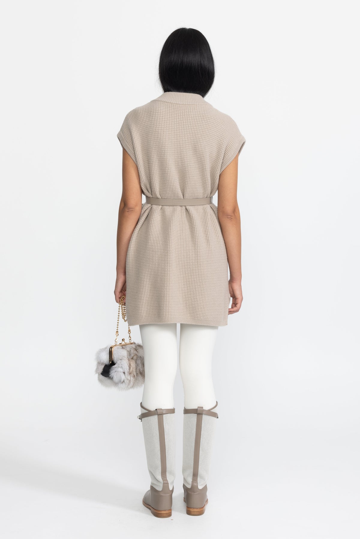 Clélia Beige Belted Waffle Knit Gilet with Mink Fur Pockets