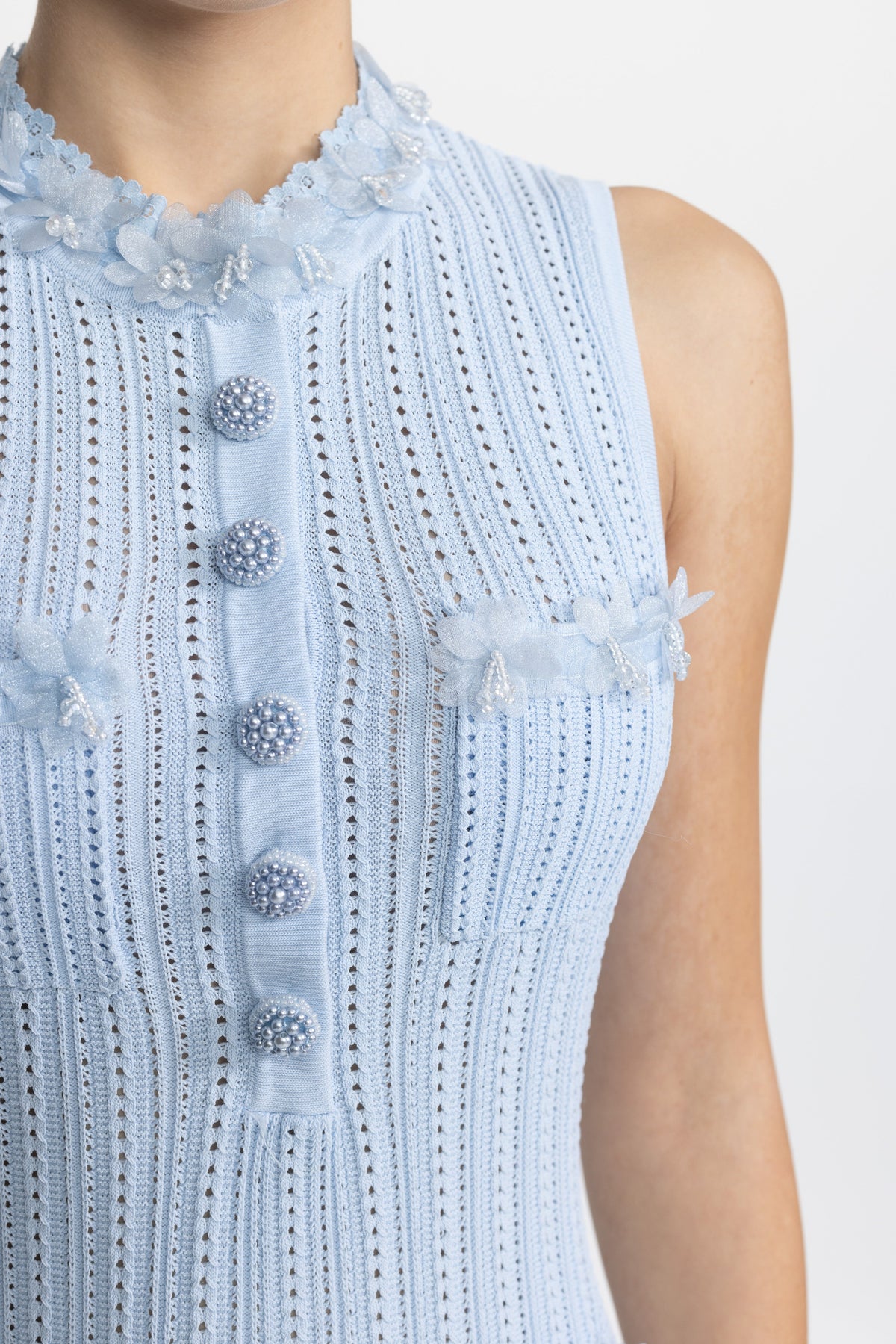 Flavie Light Blue Organza Flower Trim Pointelle Knit Mini Dress