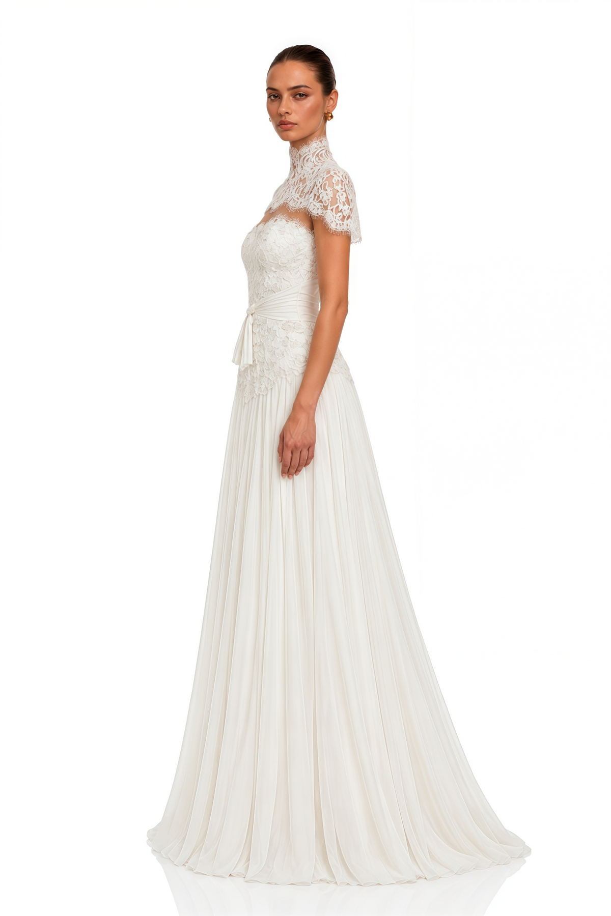 ianthe ivory high neck lace cape maxi dress