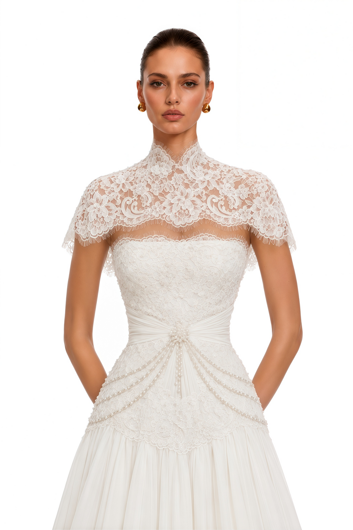 ianthe ivory high neck lace cape maxi dress