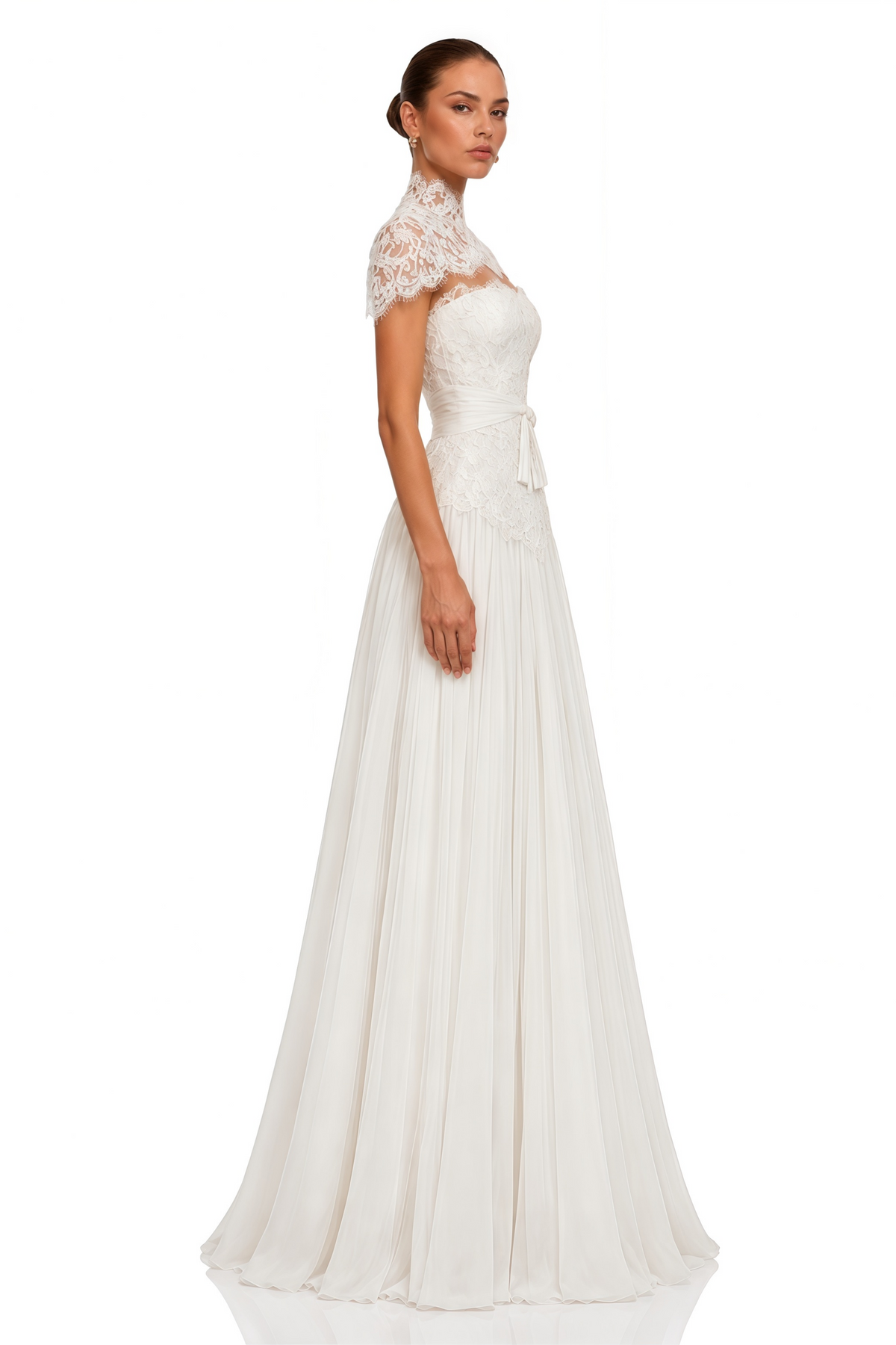 ianthe ivory high neck lace cape maxi dress