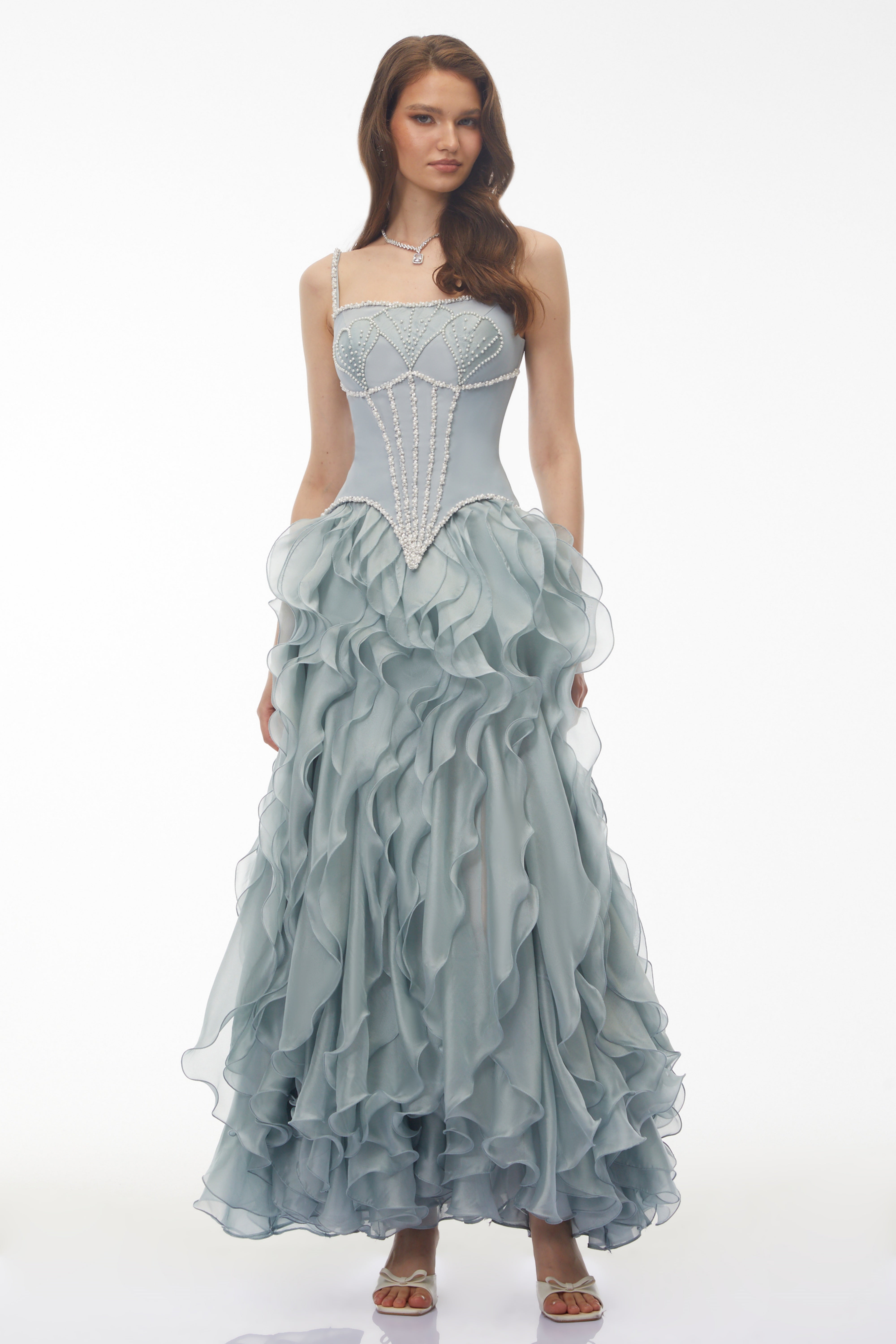 Ianthe Dusty Blue Ruffled Tulle Maxi Dress