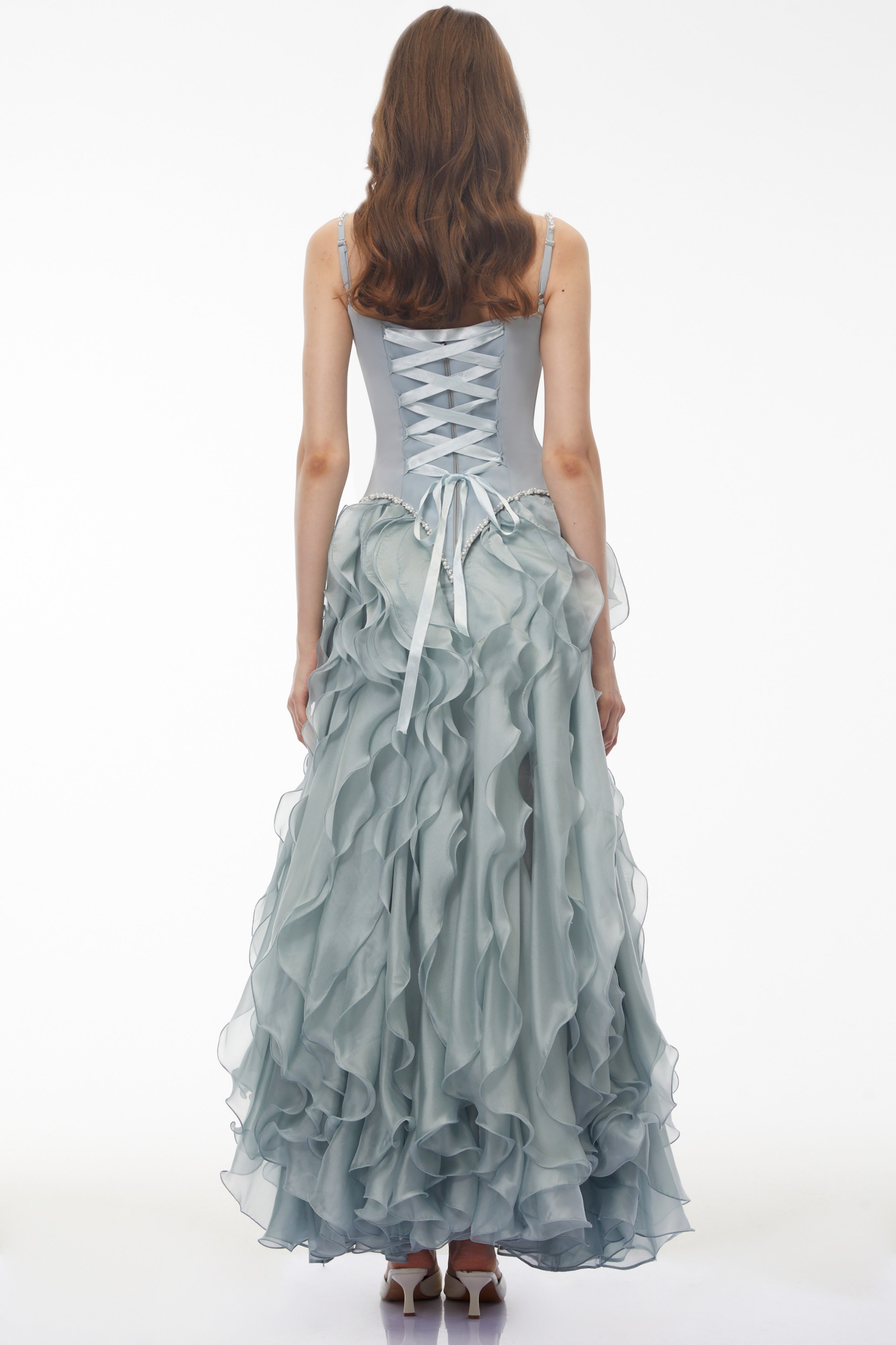 Ianthe Dusty Blue Ruffled Tulle Maxi Dress
