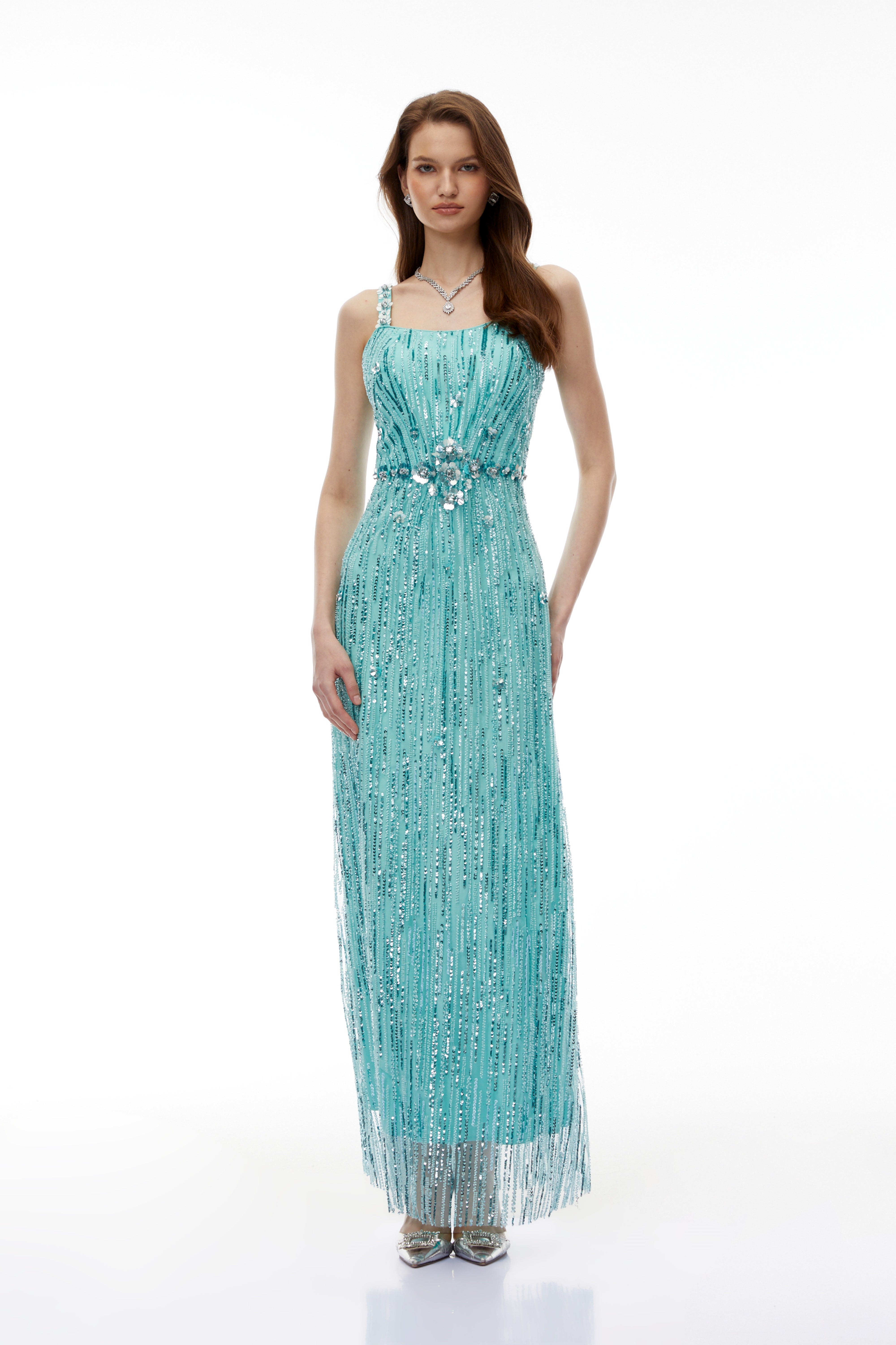 Ianthe Green Embellishment Fringed Maxi Dress