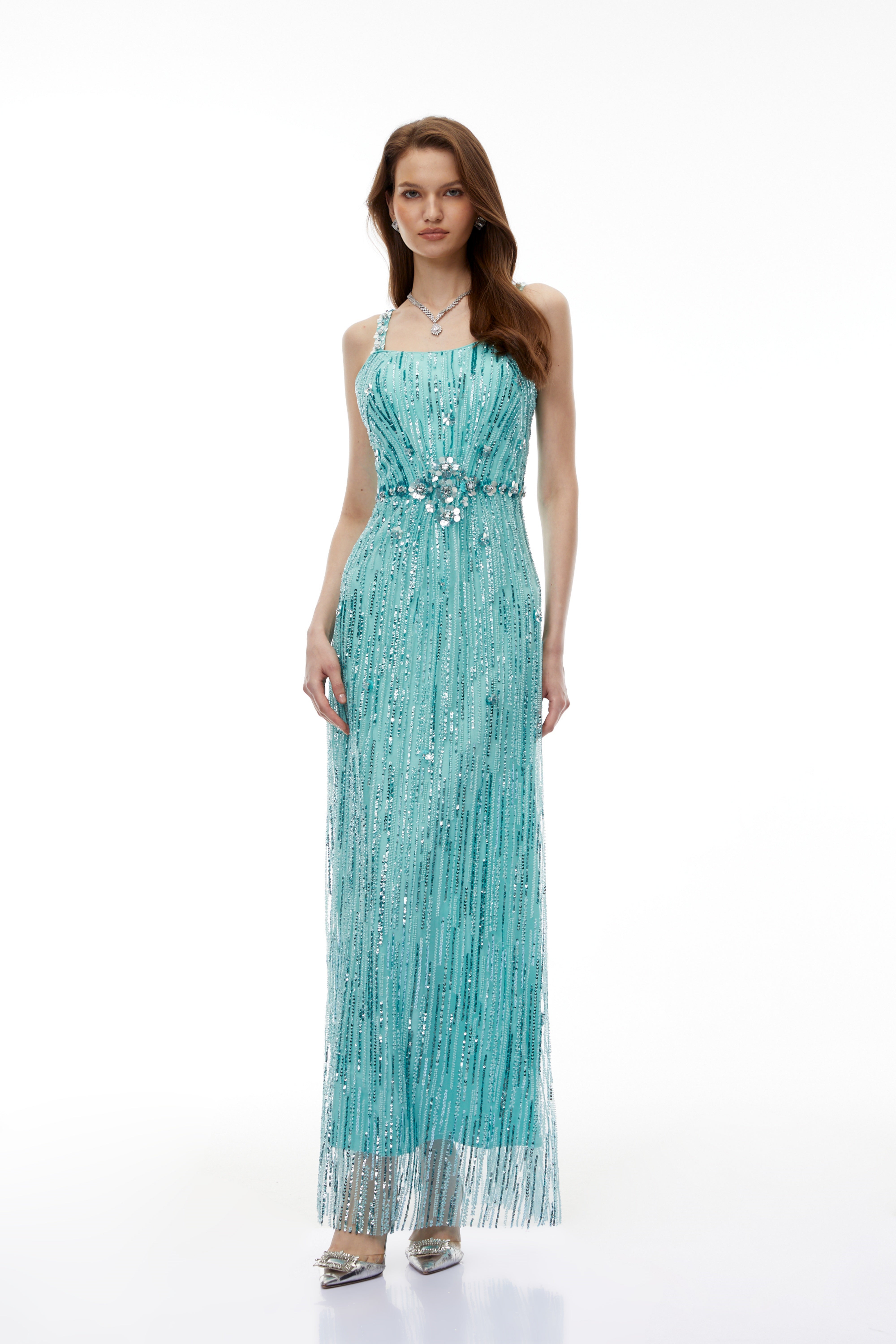 Ianthe Green Embellishment Fringed Maxi Dress