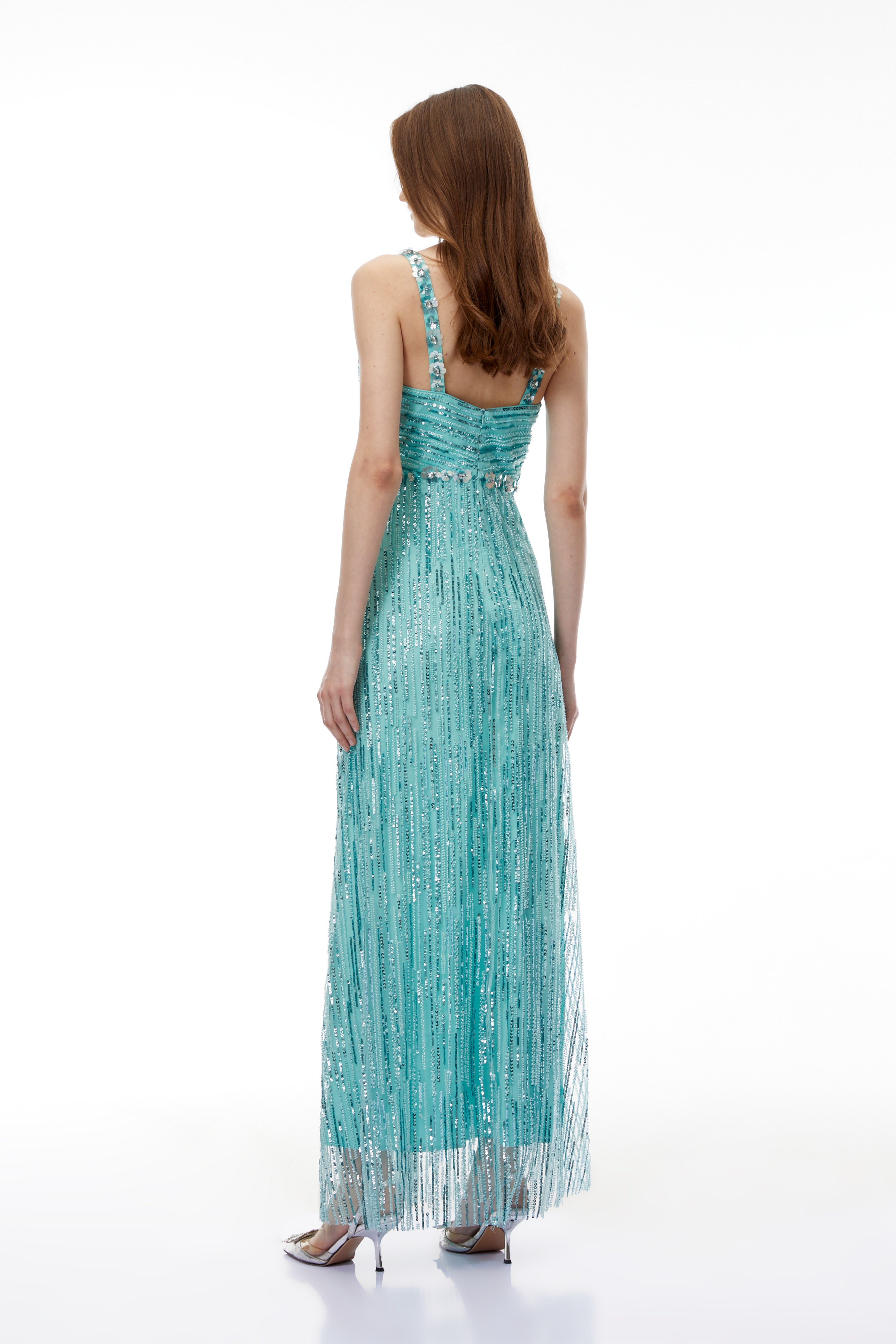 Ianthe Green Embellishment Fringed Maxi Dress