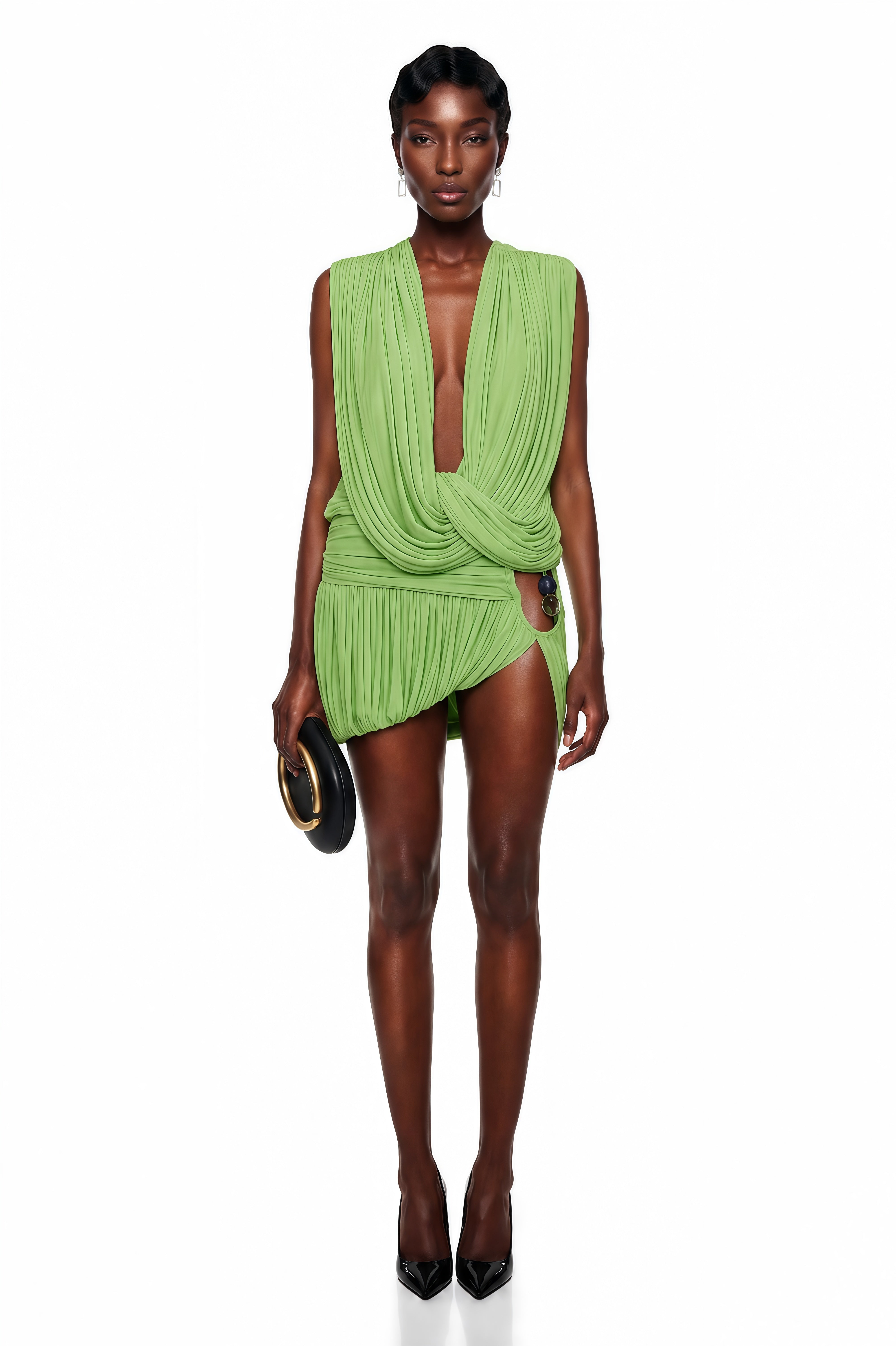 Idalina Green Cross Front Ruched Top & Skirt Set