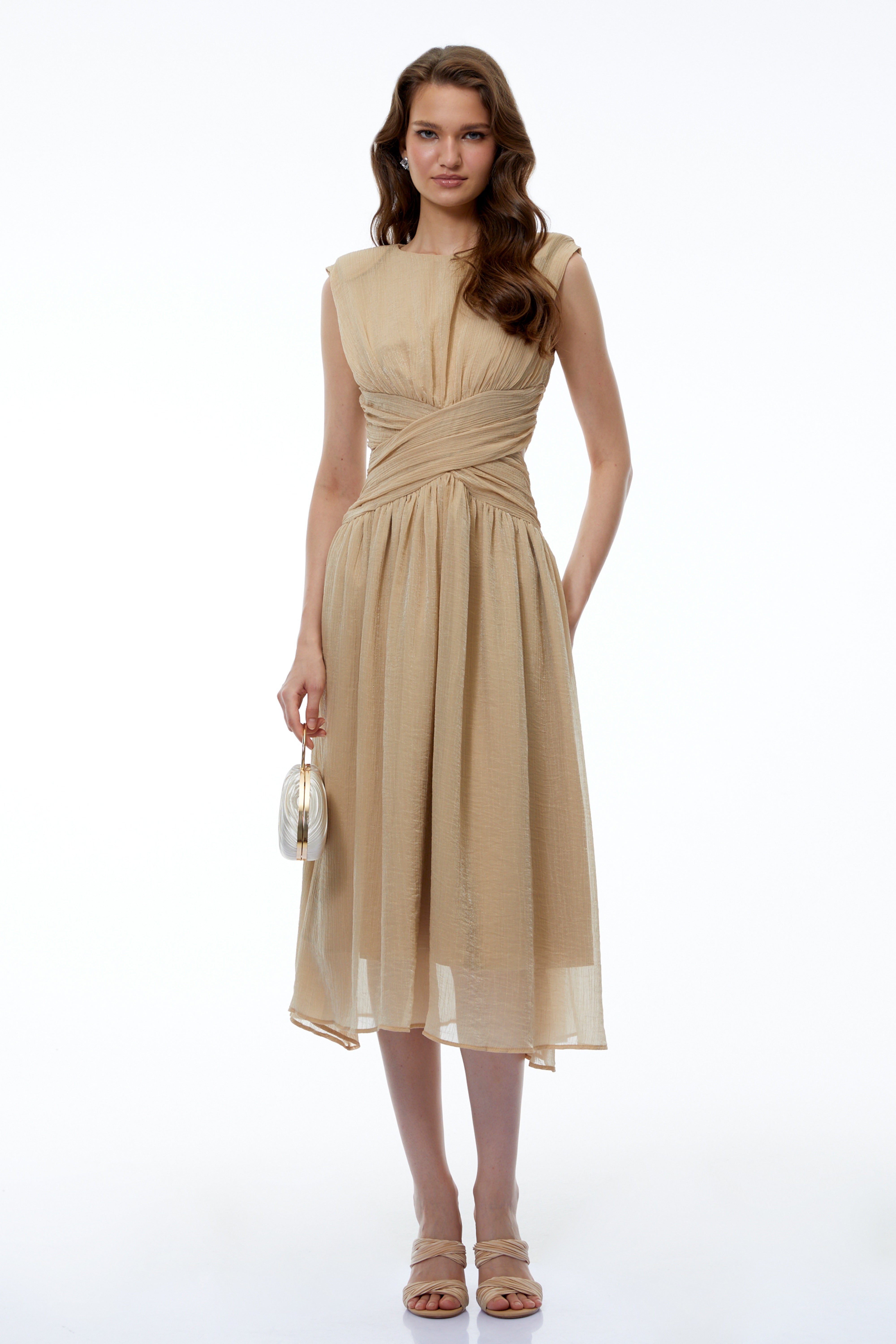 Ihaia Neutral Cross Front Ruched Midi Dress