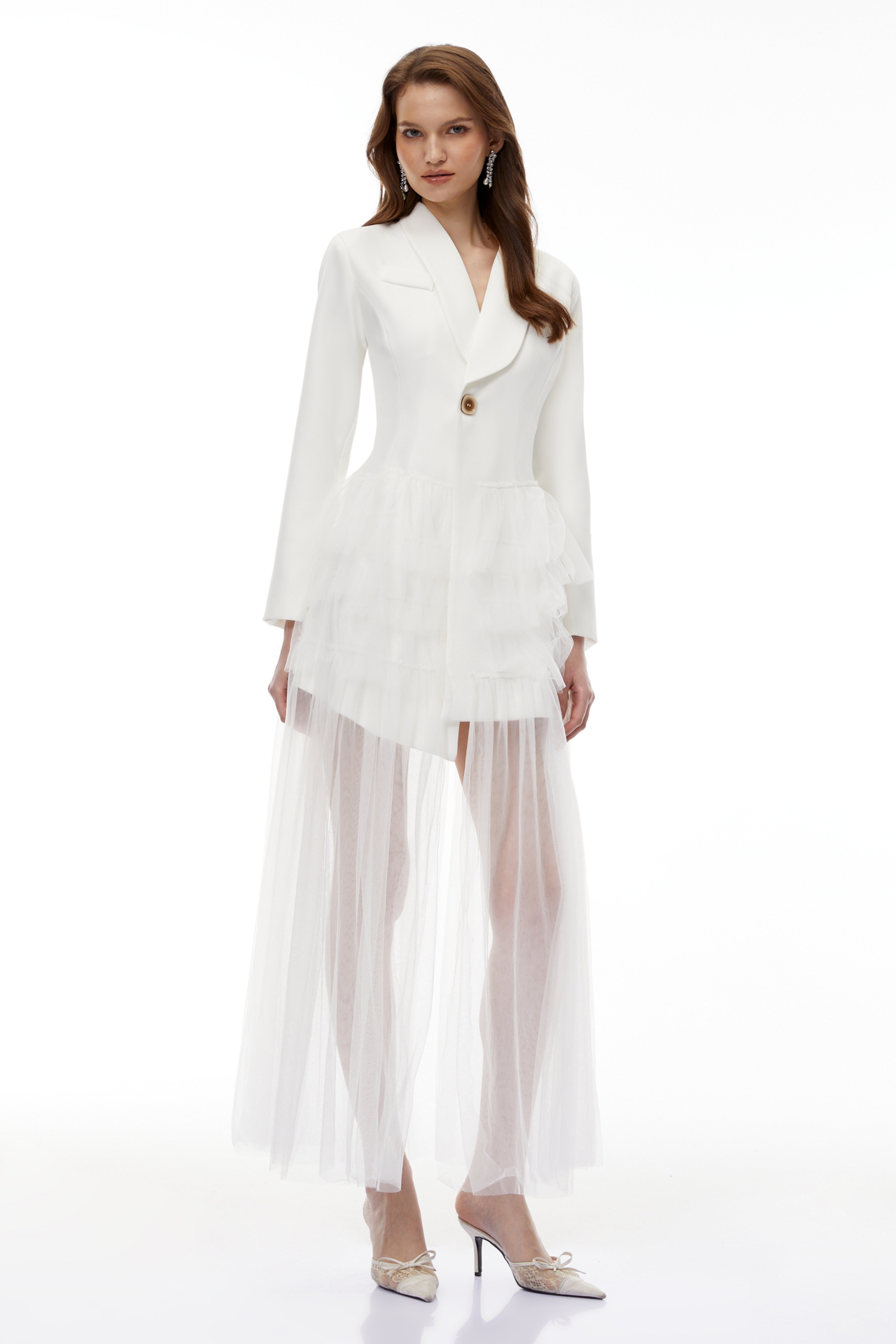 Illyria White Blazer Maxi Dress with Ruffled Tulle