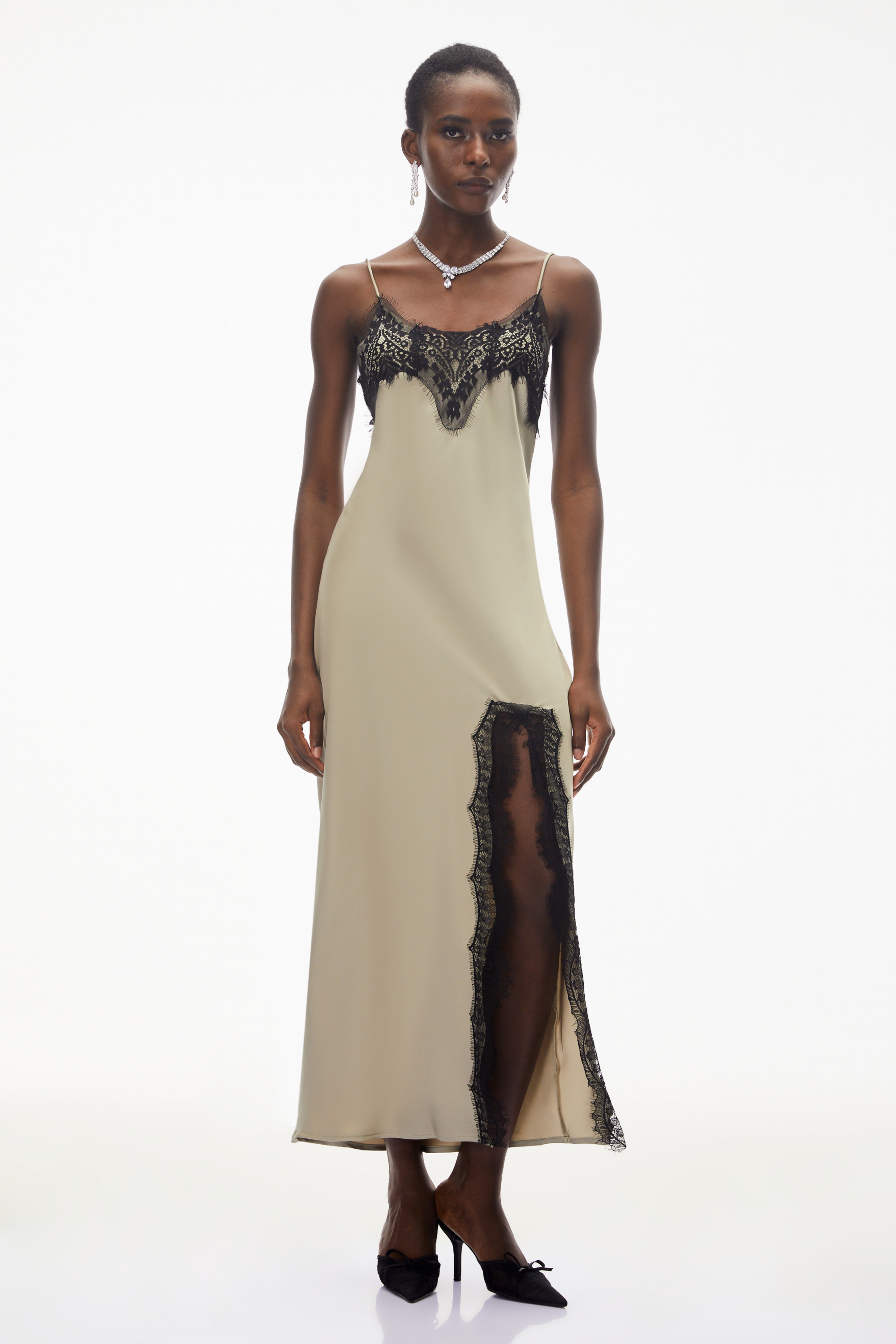Ilmatar Sage Green Satin Maxi Dress with Lace Panels (Final Sale)