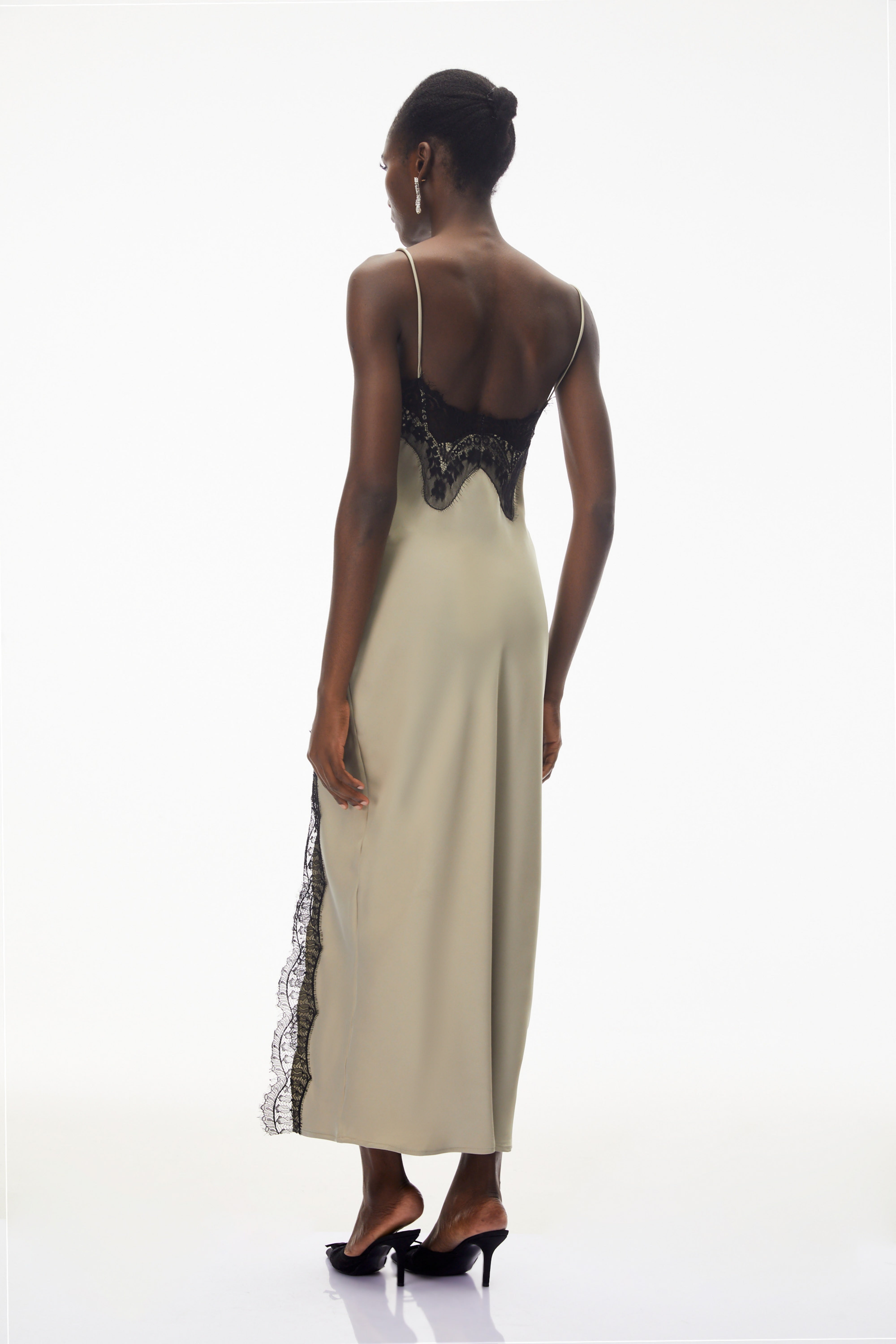 Ilmatar Sage Green Satin Maxi Dress with Lace Panels (Final Sale)