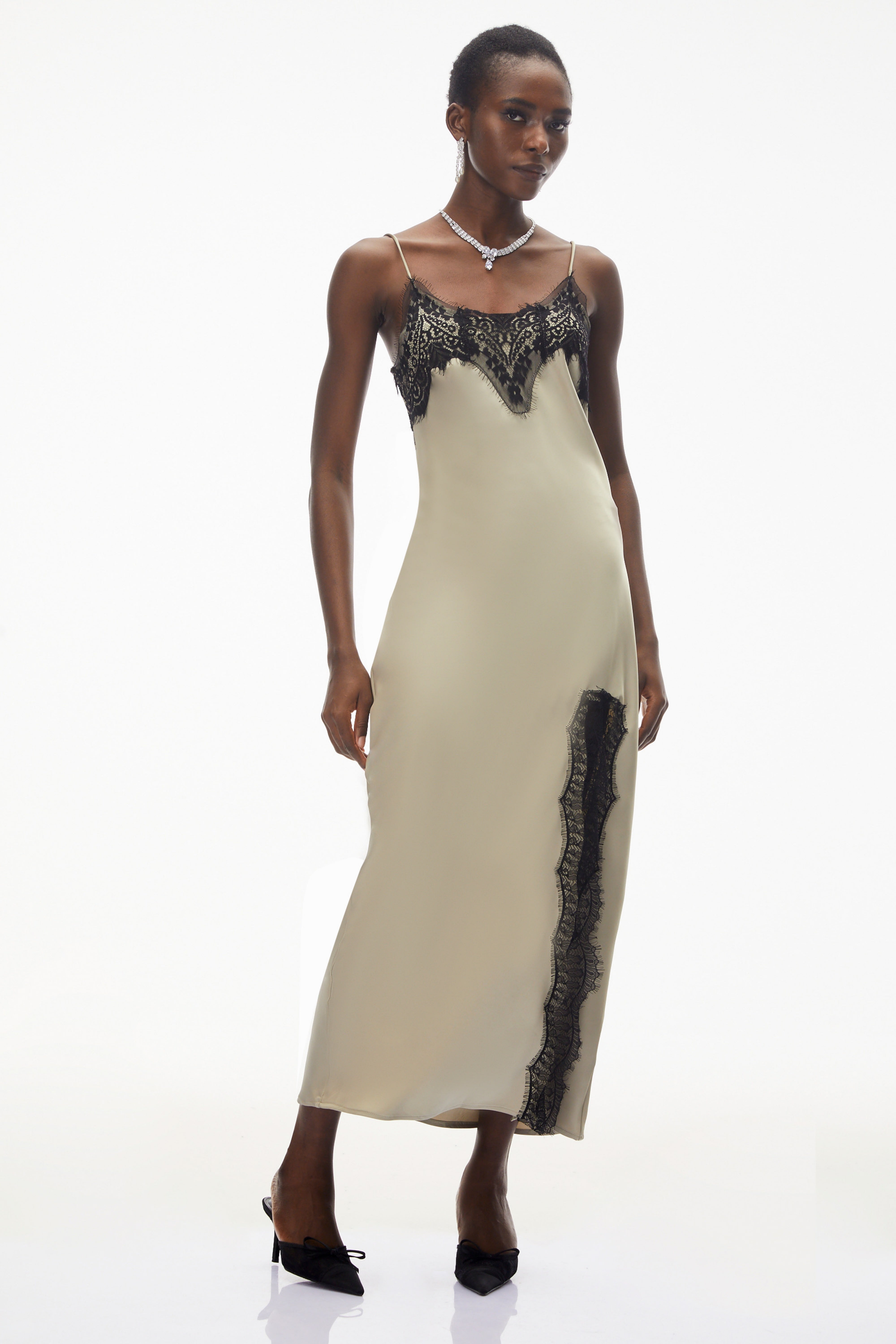 Ilmatar Sage Green Satin Maxi Dress with Lace Panels