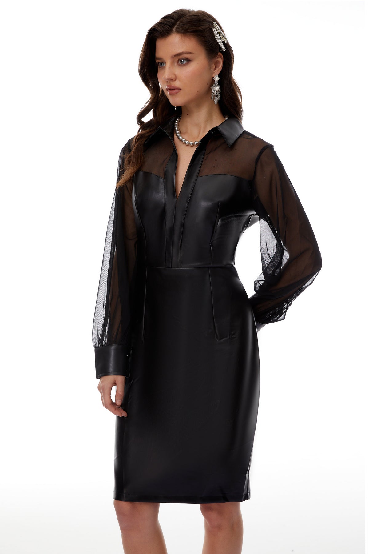 Inger Black Leather Midi Dress with Tulle Panels