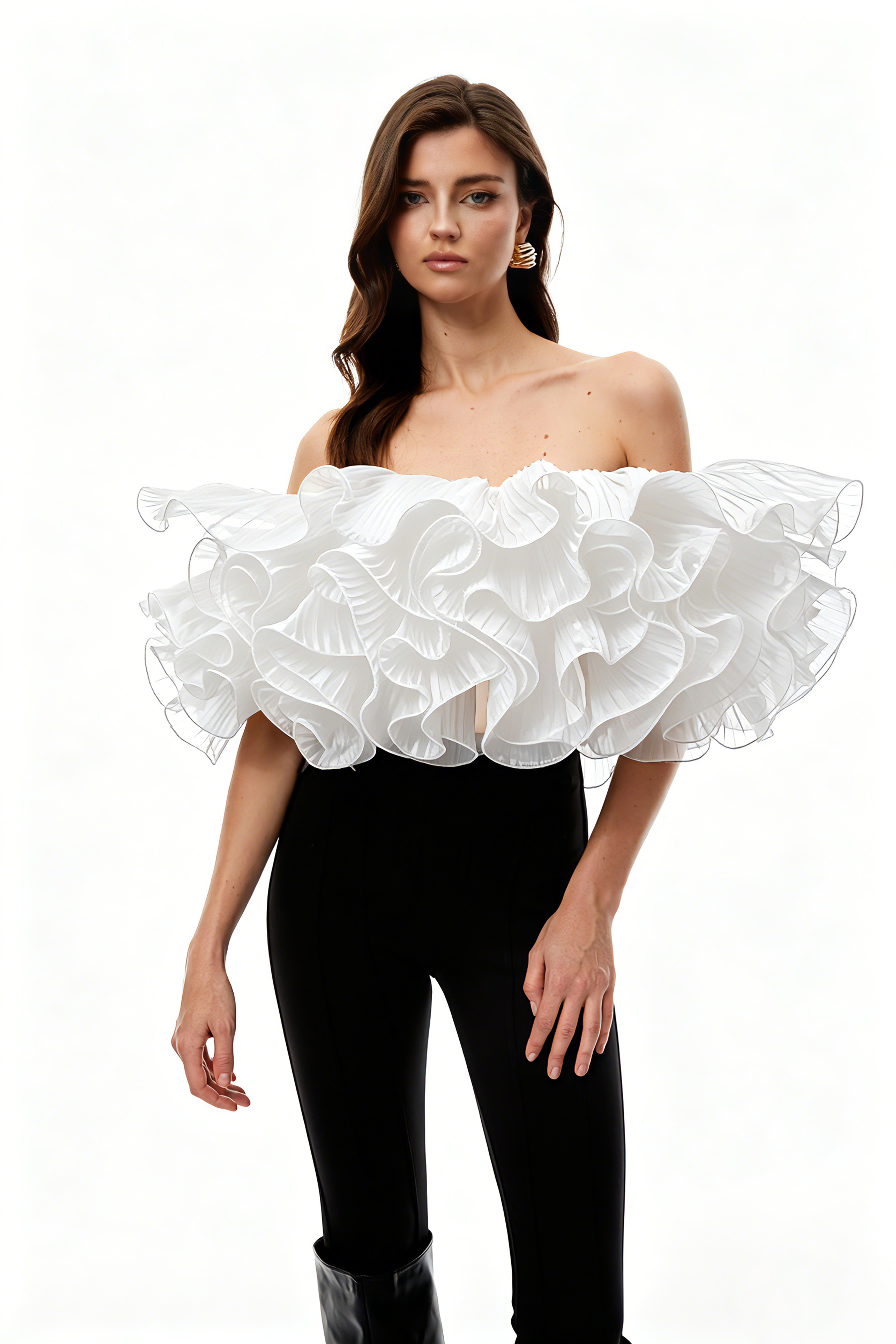 Inger White Pleated Ruffled Organza Top