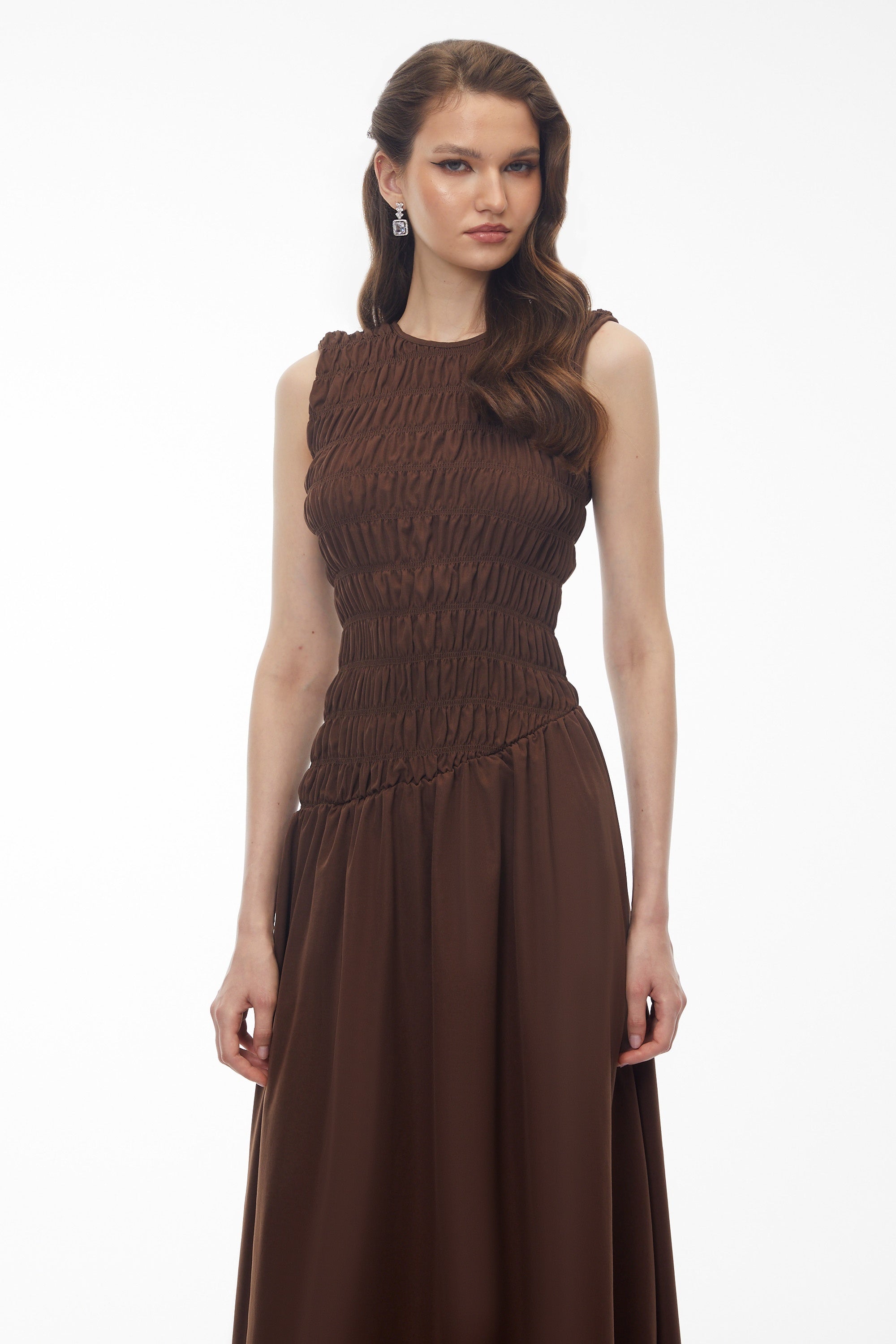 Iolanthe Chocolate Brown Asymmetrical Ruched Midi Dress