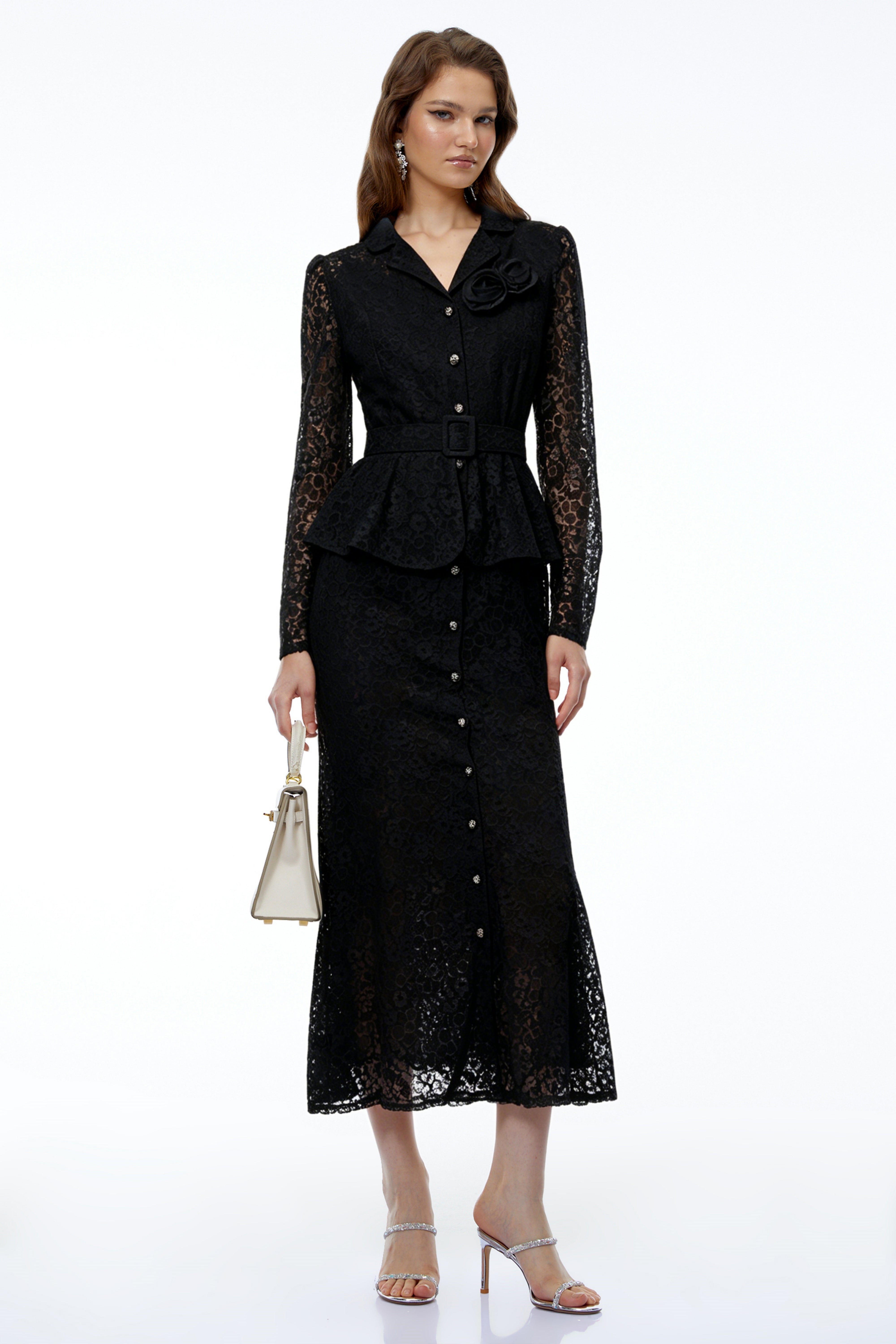 Iona Black Lace Maxi Dress with 3D Florals
