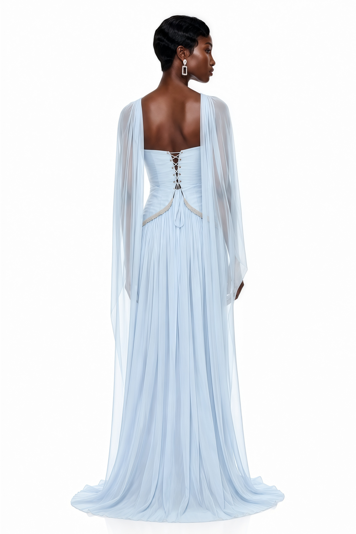 Iris Blue Embellished Asymmetrical Maxi Dress with Cape