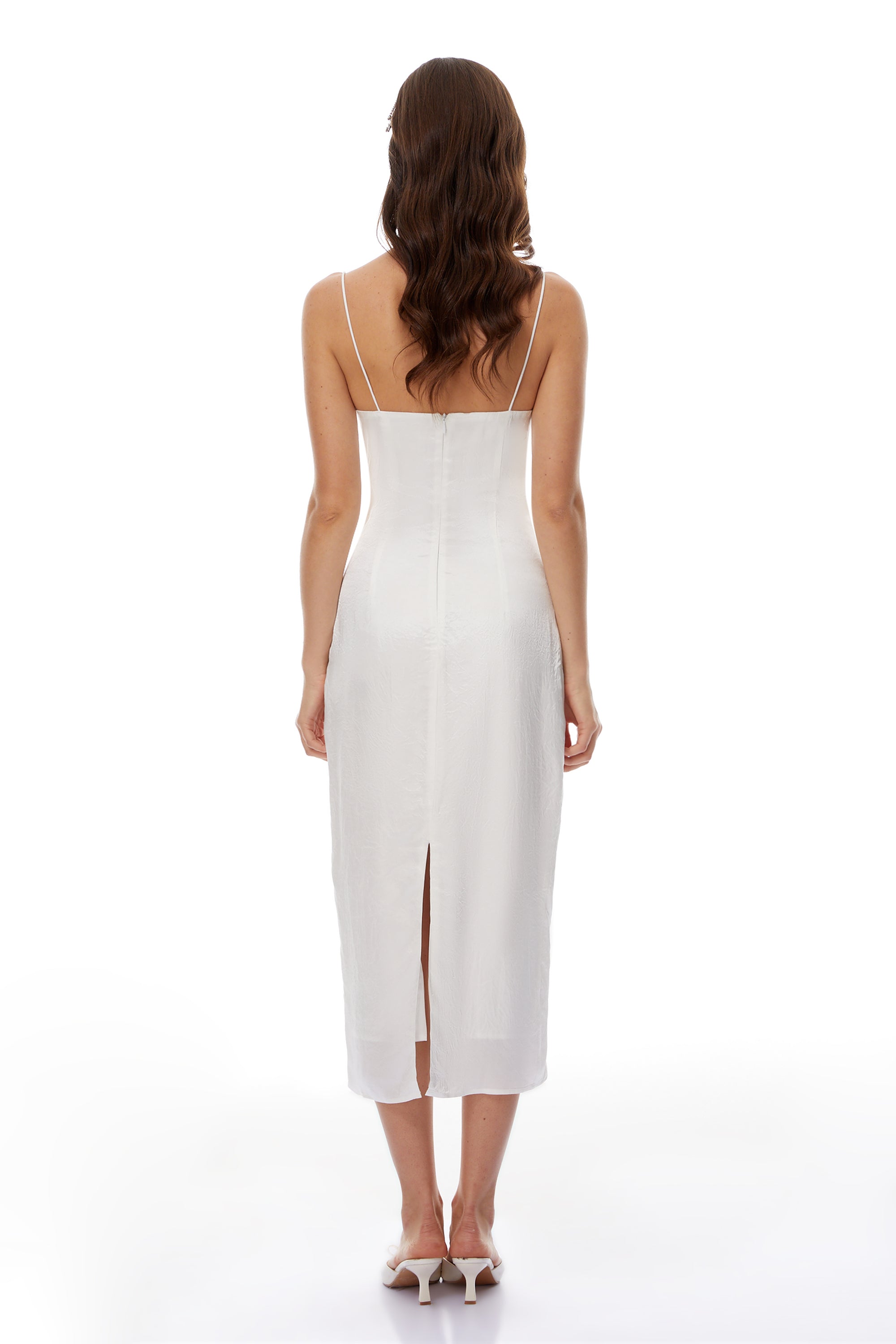 Irmgard White Shell Pleated Satin Midi Dress (Final Sale)