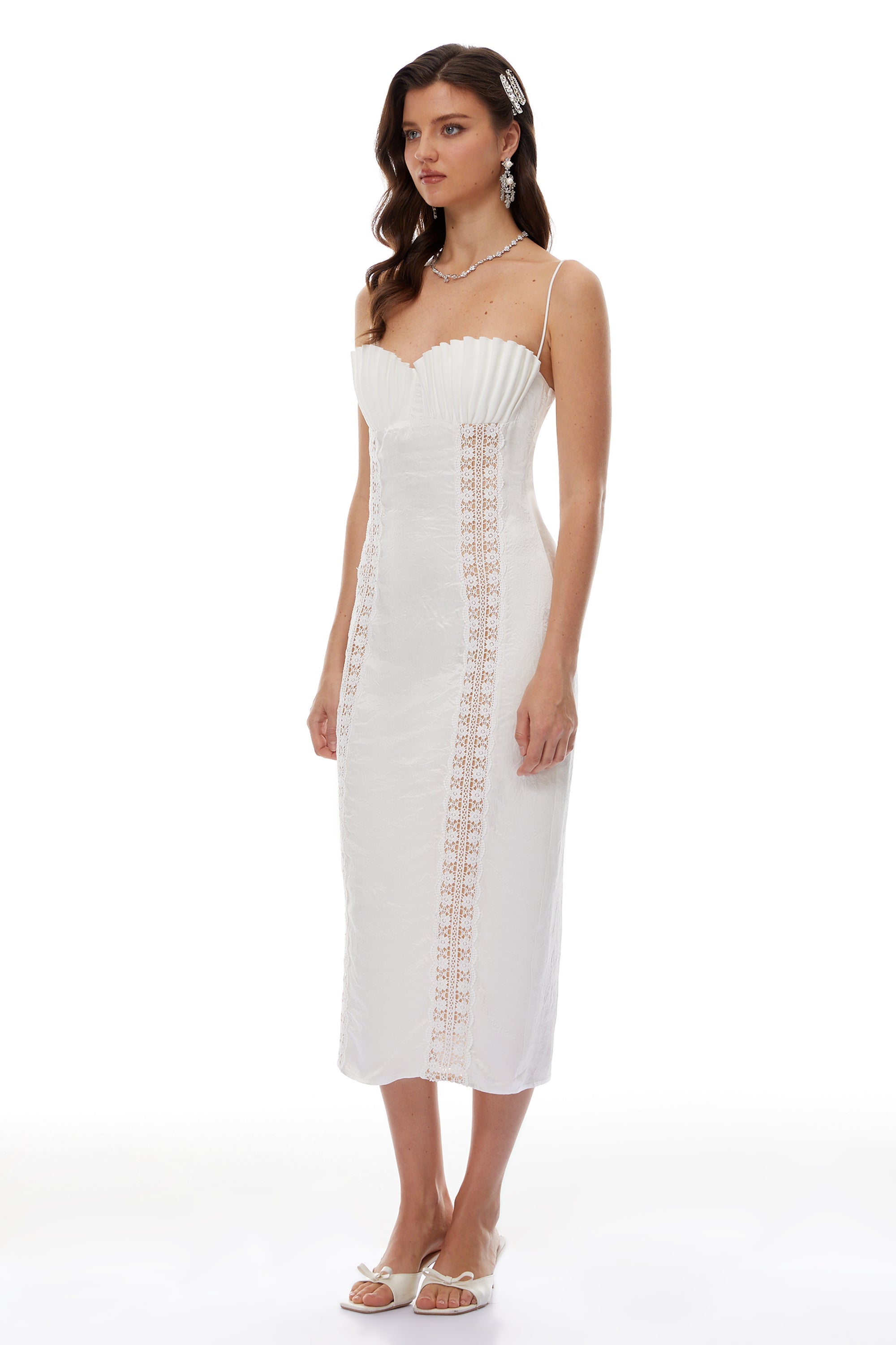 Irmgard White Shell Pleated Satin Midi Dress (Final Sale)