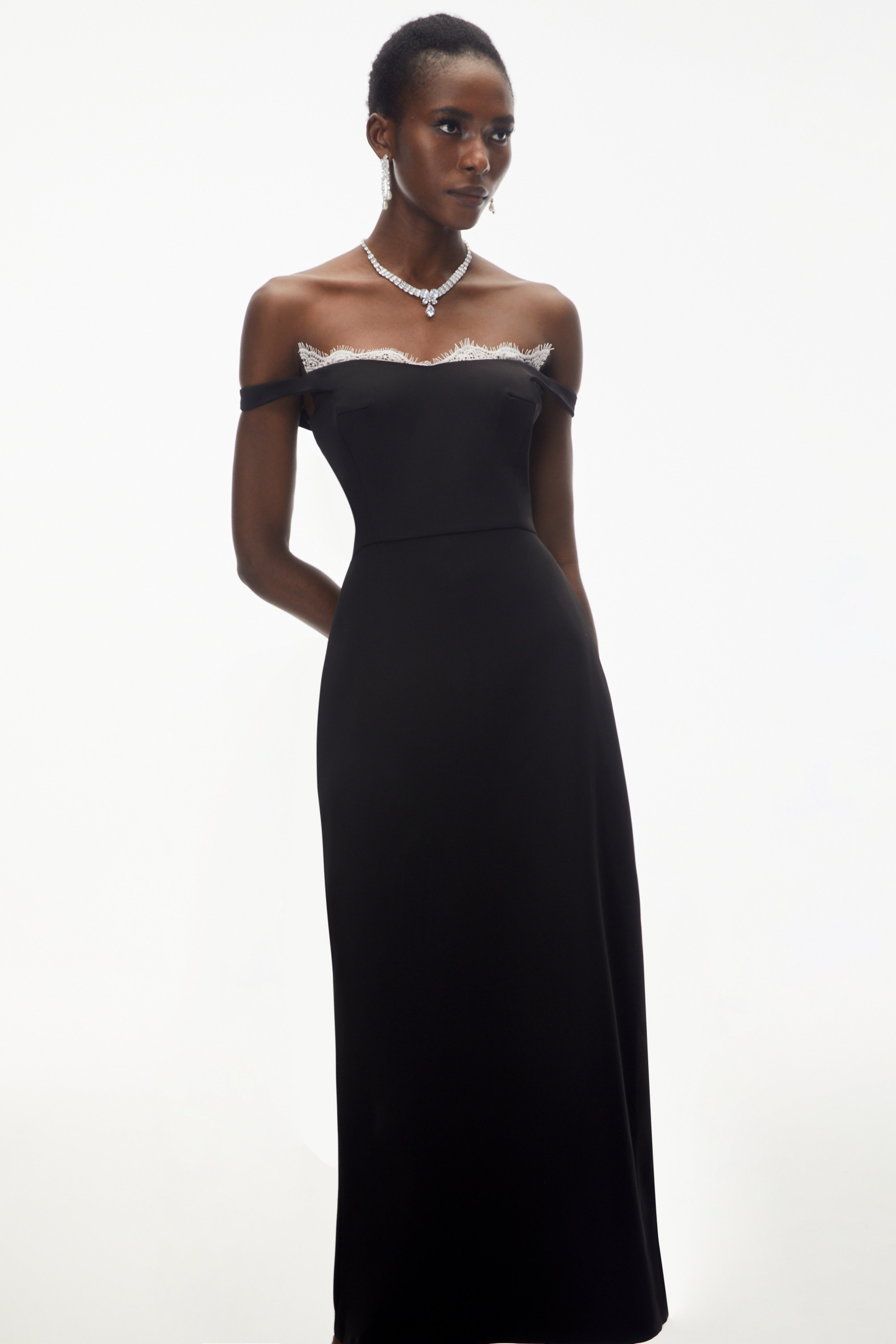 Isabella Black Off Shoulder Lace Panel Maxi Dress (Final Sale)