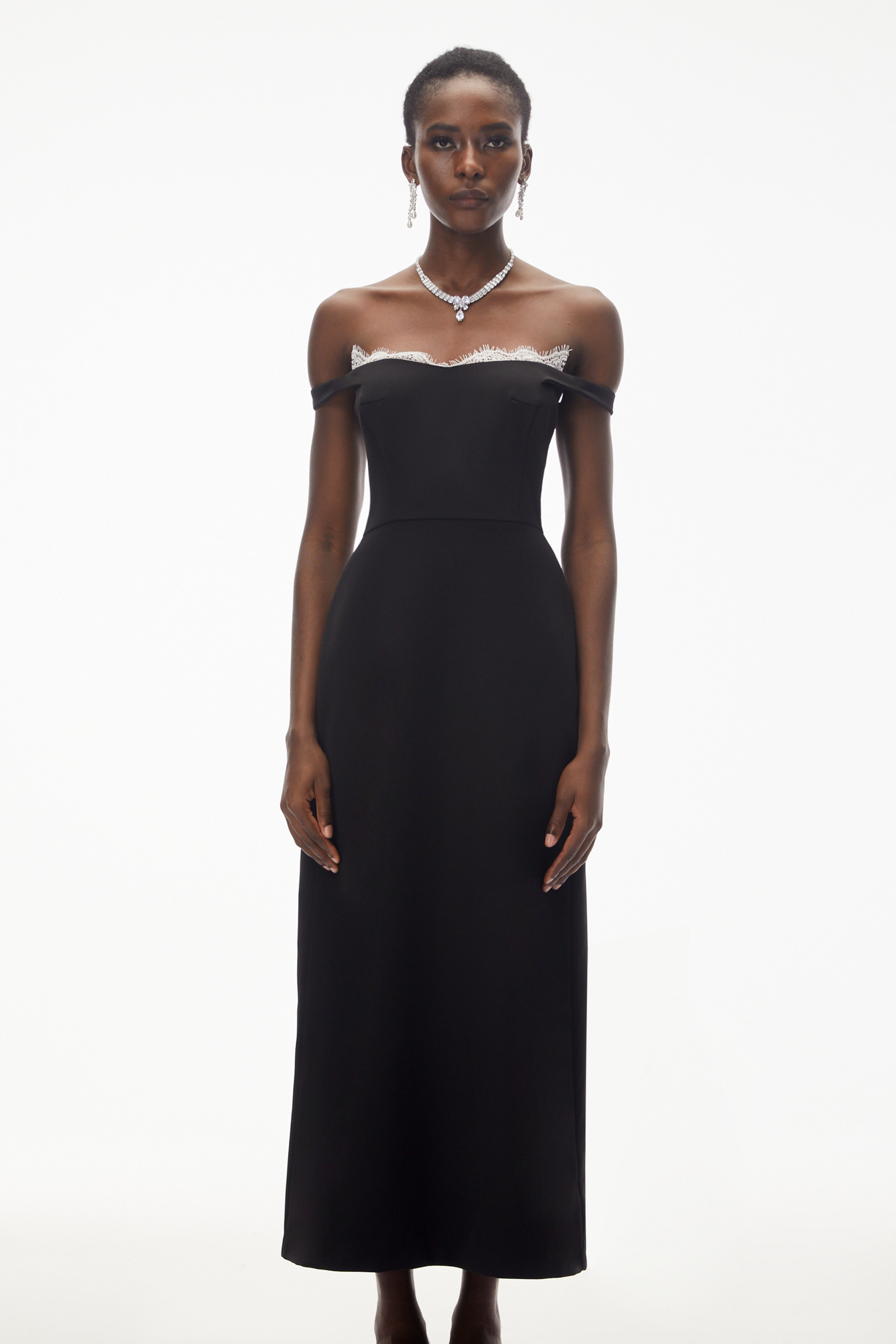 Isabella Black Off Shoulder Lace Panel Maxi Dress