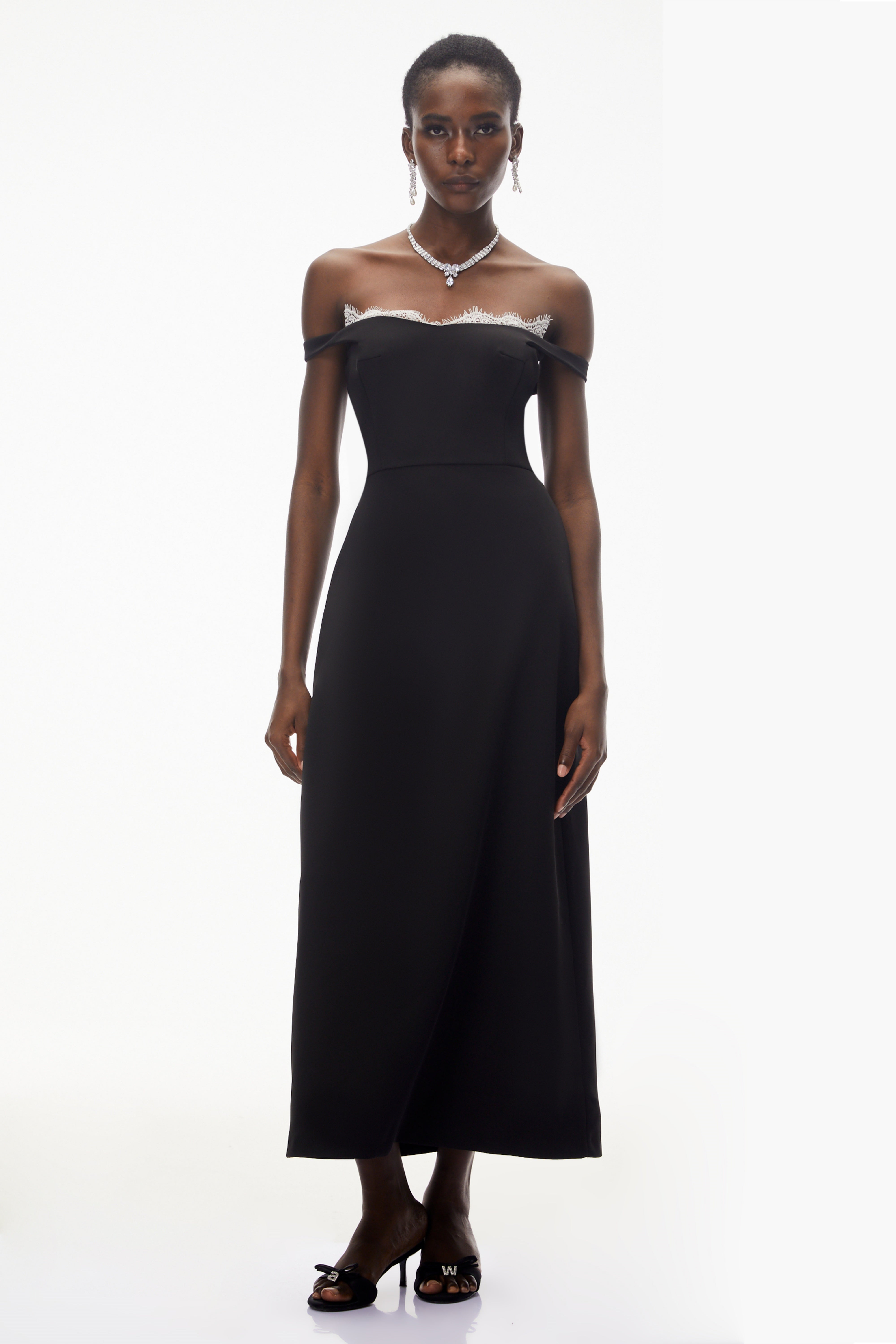 Isabella Black Off Shoulder Lace Panel Maxi Dress