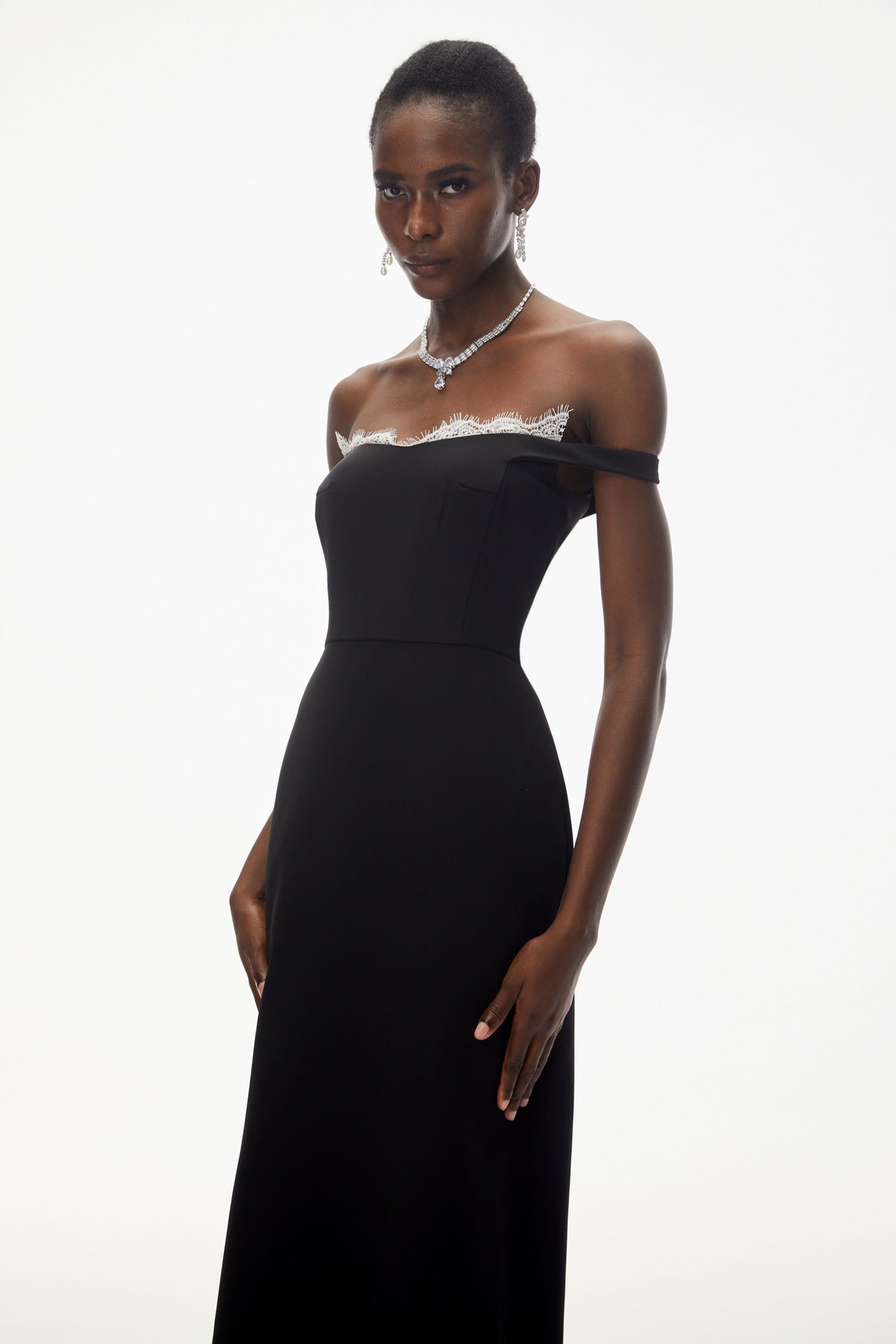 Isabella Black Off Shoulder Lace Panel Maxi Dress (Final Sale)