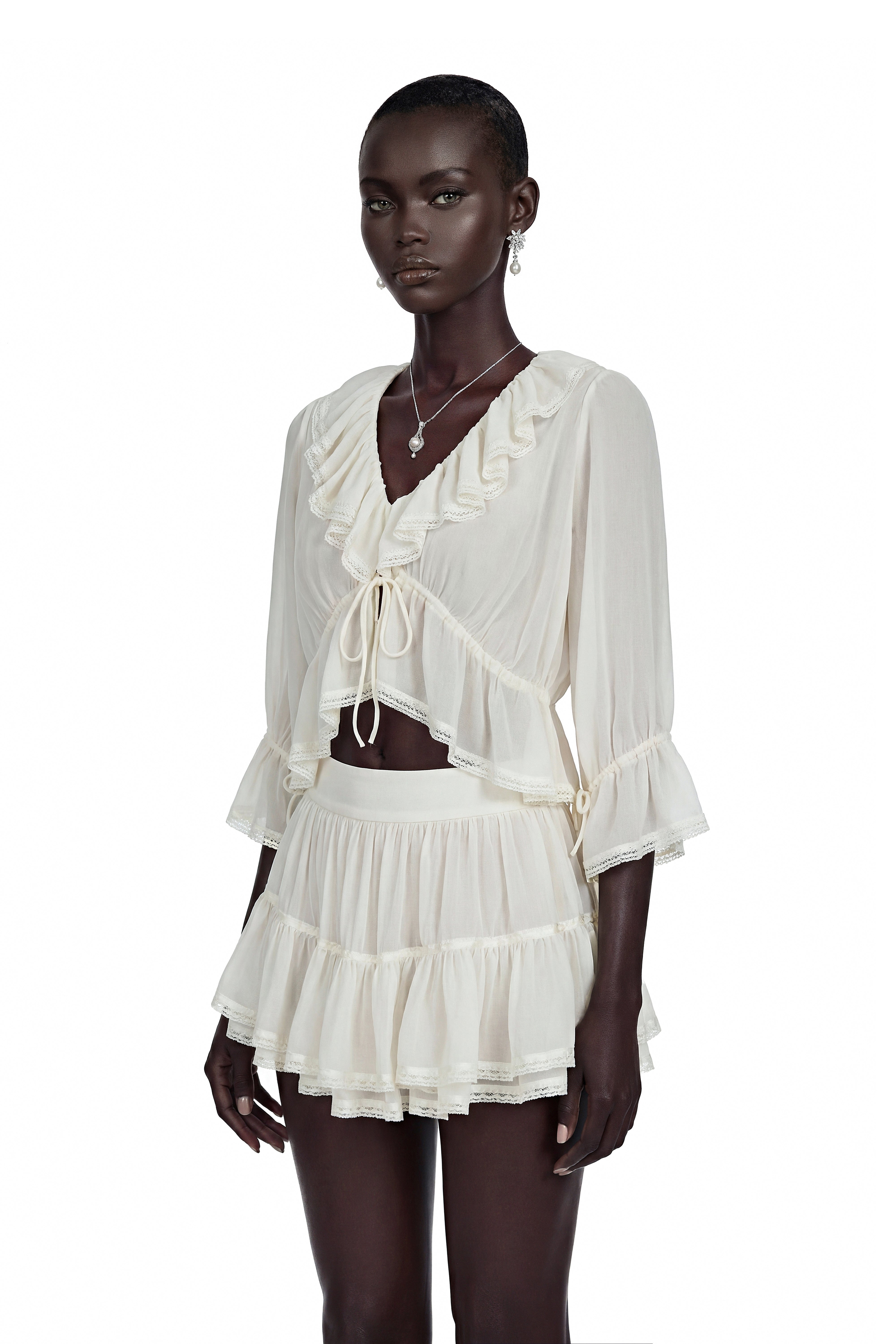 Isabelle White V-Neck Ruffled Crop Top