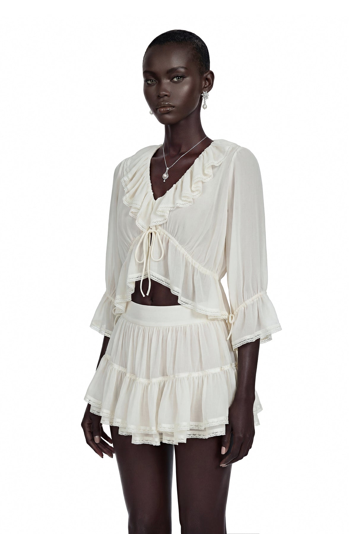 Isabelle White V-Neck Ruffled Crop Top