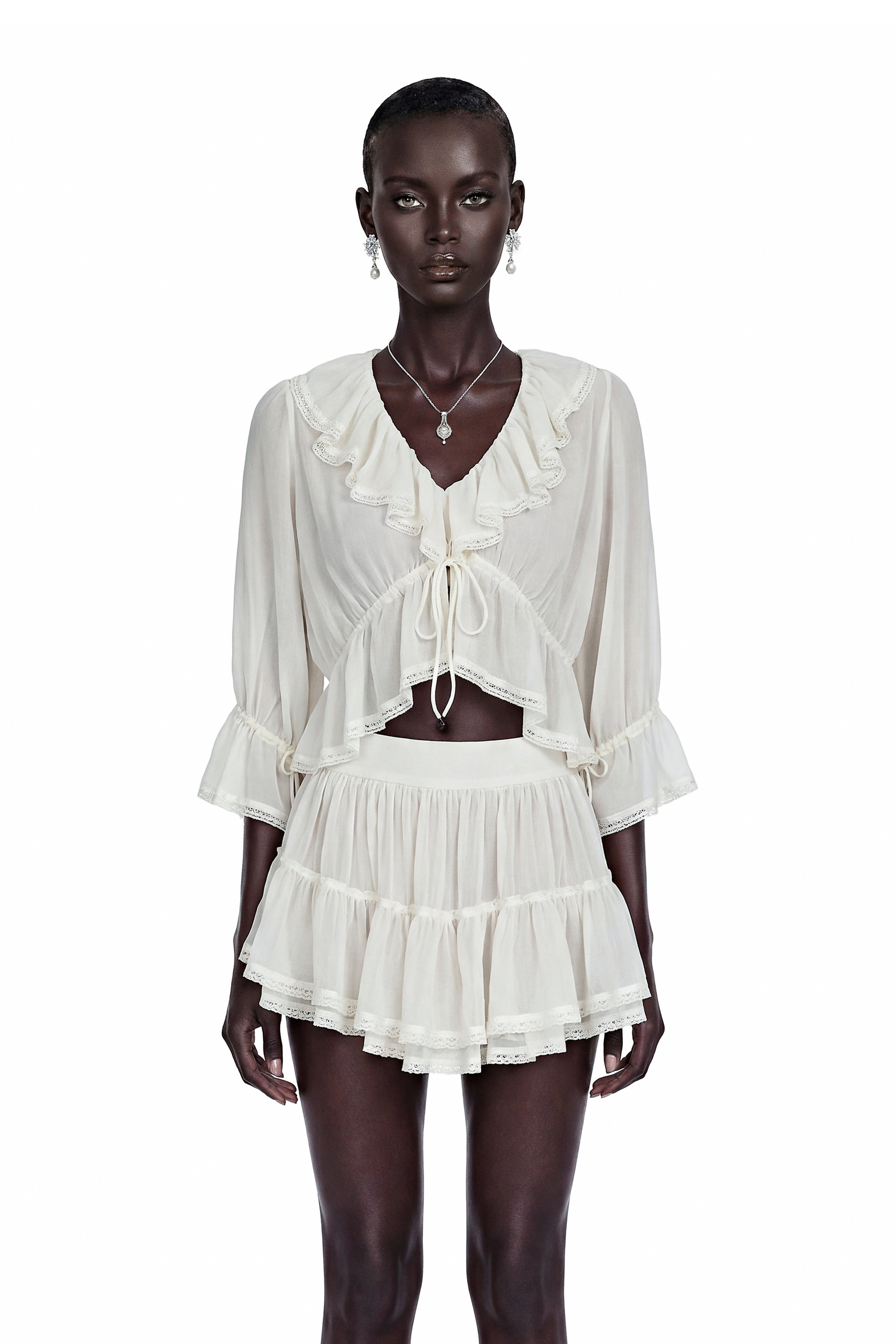 Isabelle White V-Neck Ruffled Crop Top