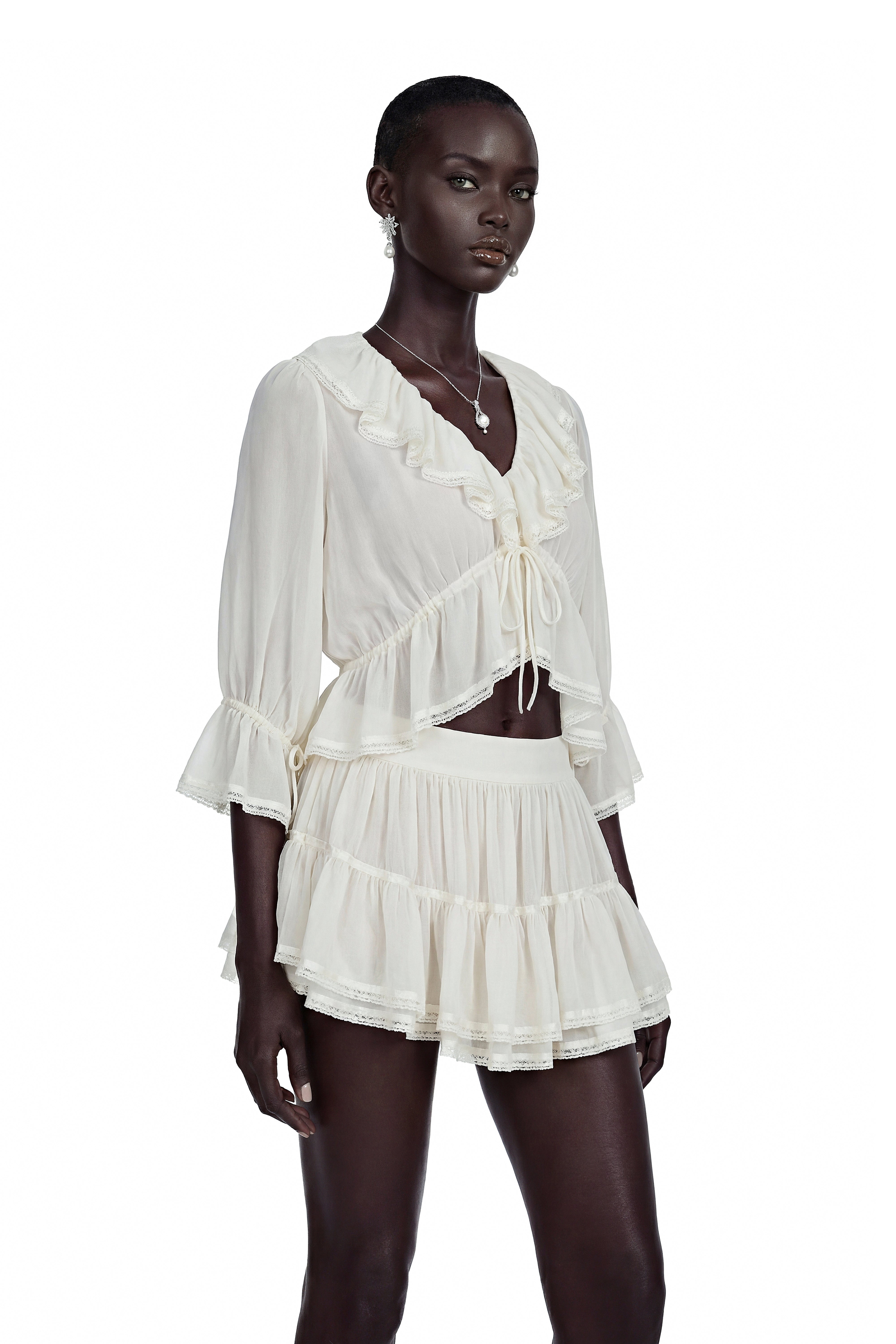 Isabelle White V-Neck Ruffled Crop Top