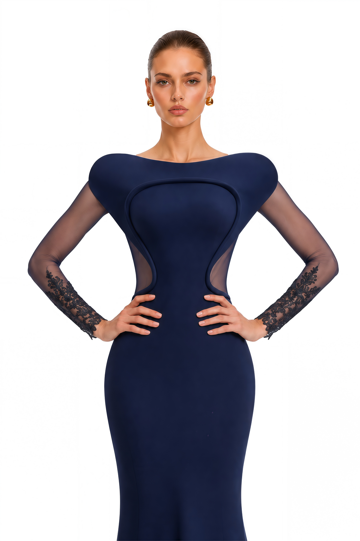 isadora navy blue sculpted neck lace sleeve maxi dress
