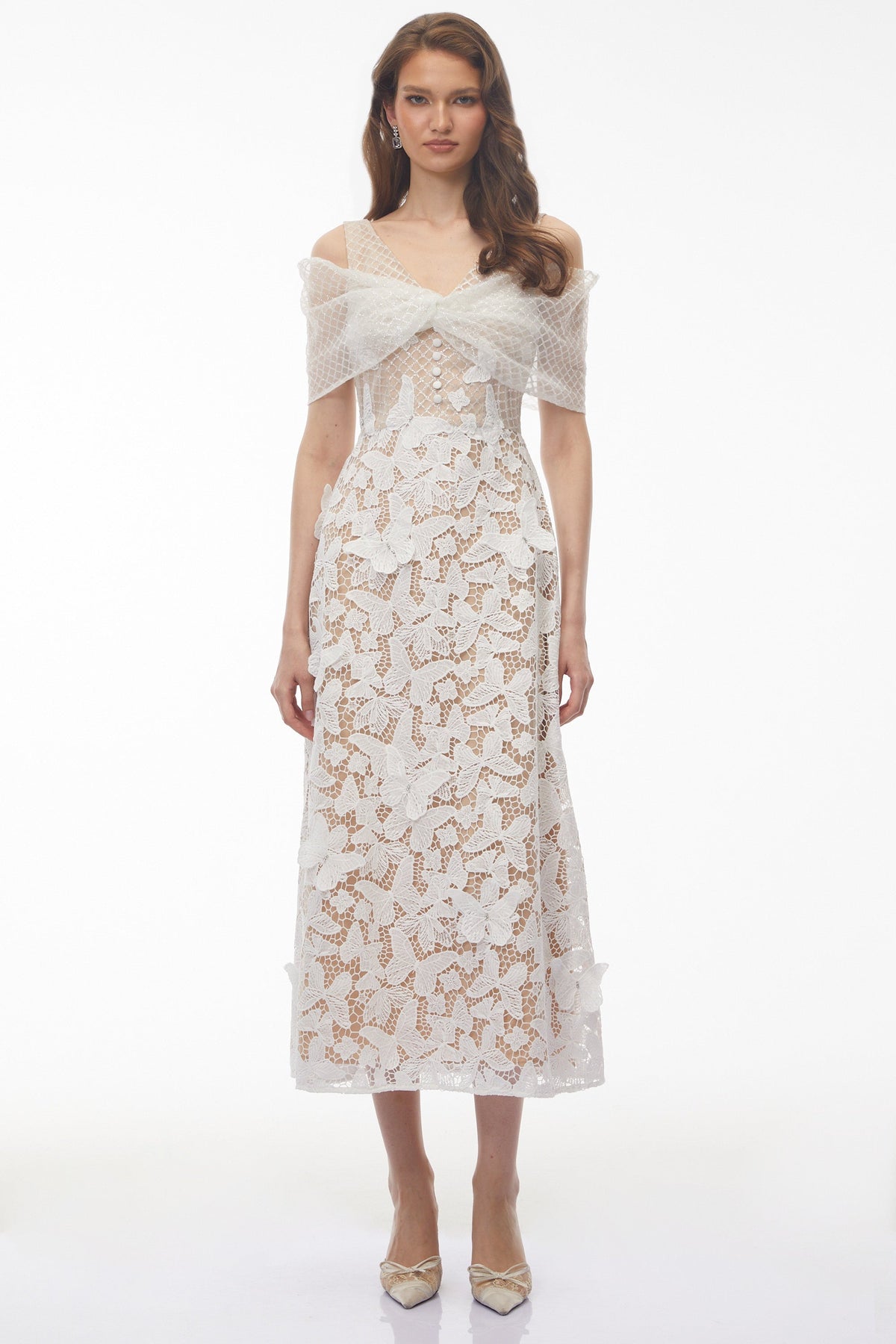 Isla White Cold Shoulder Midi Dress with Butterfly Applique