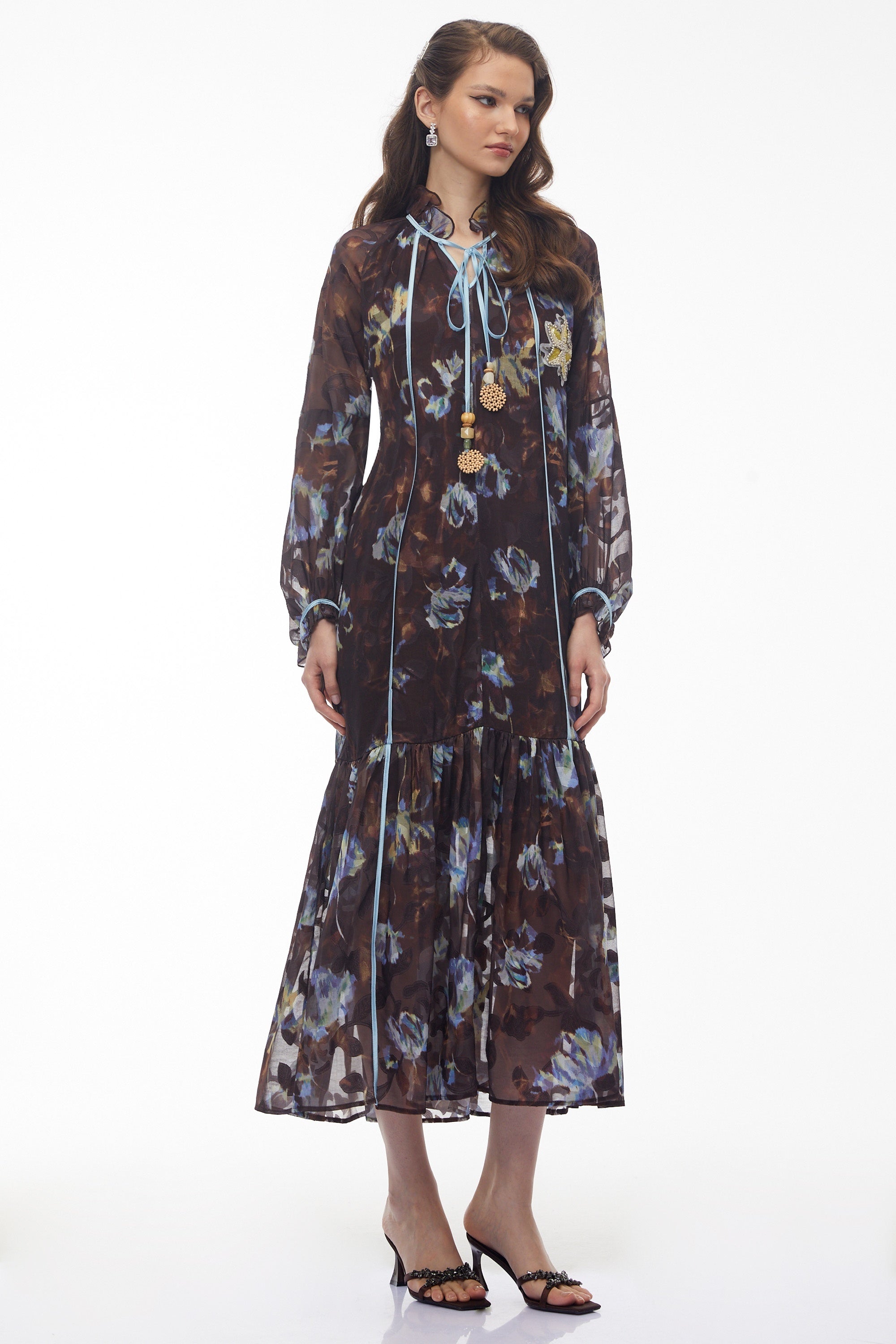 Iulian Brown Ruffled Floral Print Maxi Dress