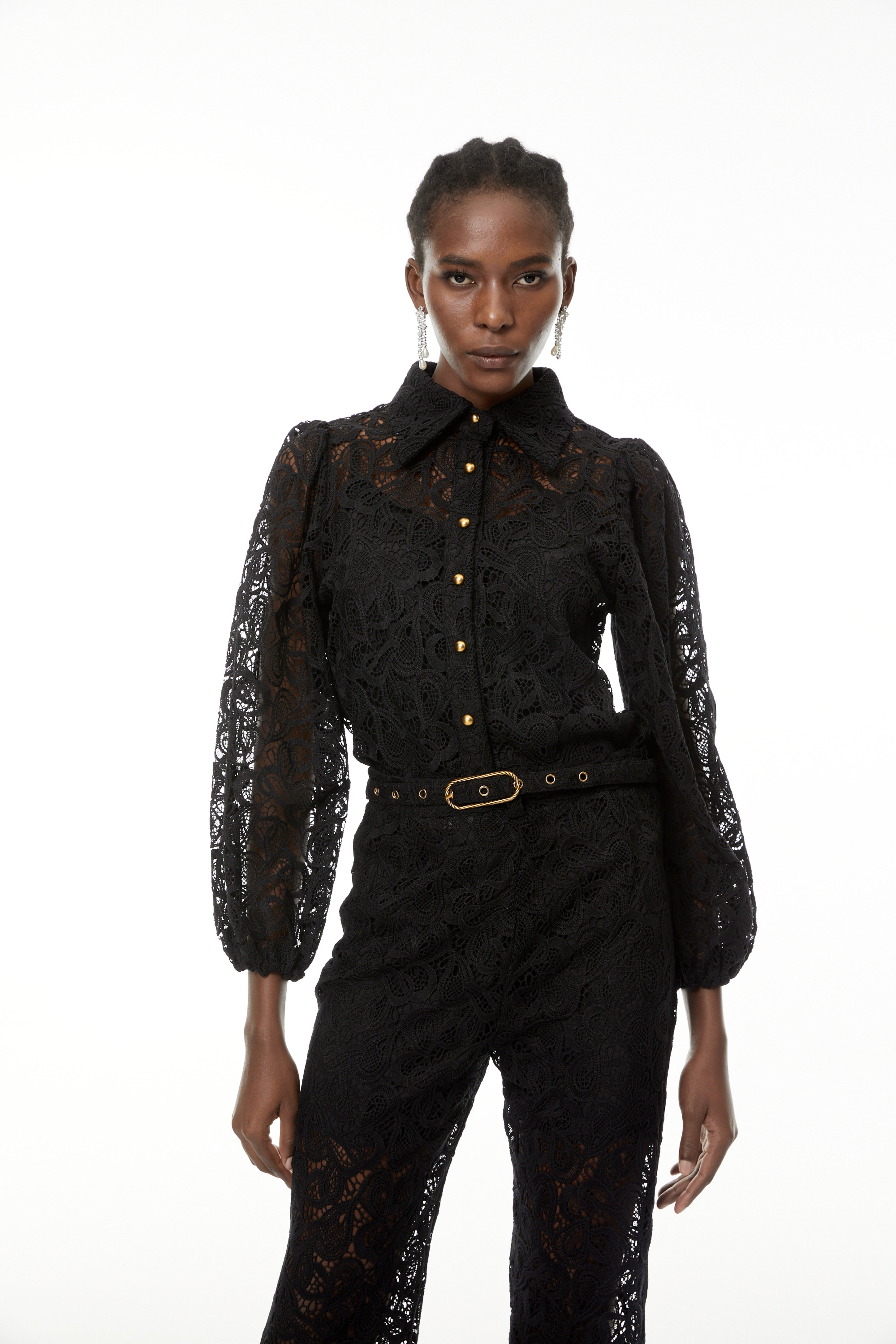 Jacqueline Black Floral Lace Blouse & Trouser Set