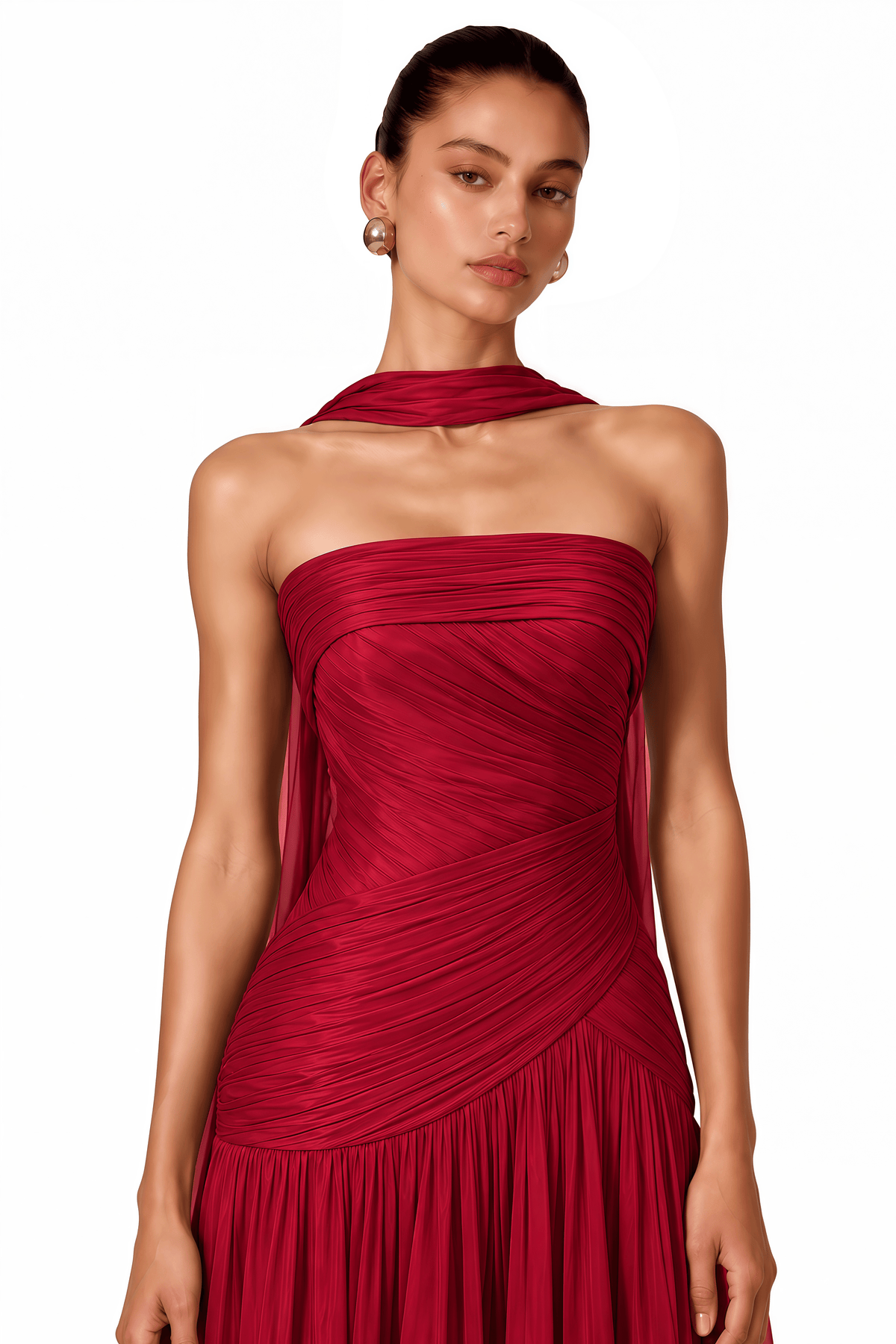 jannat red draped pleated maxi dress with scarf