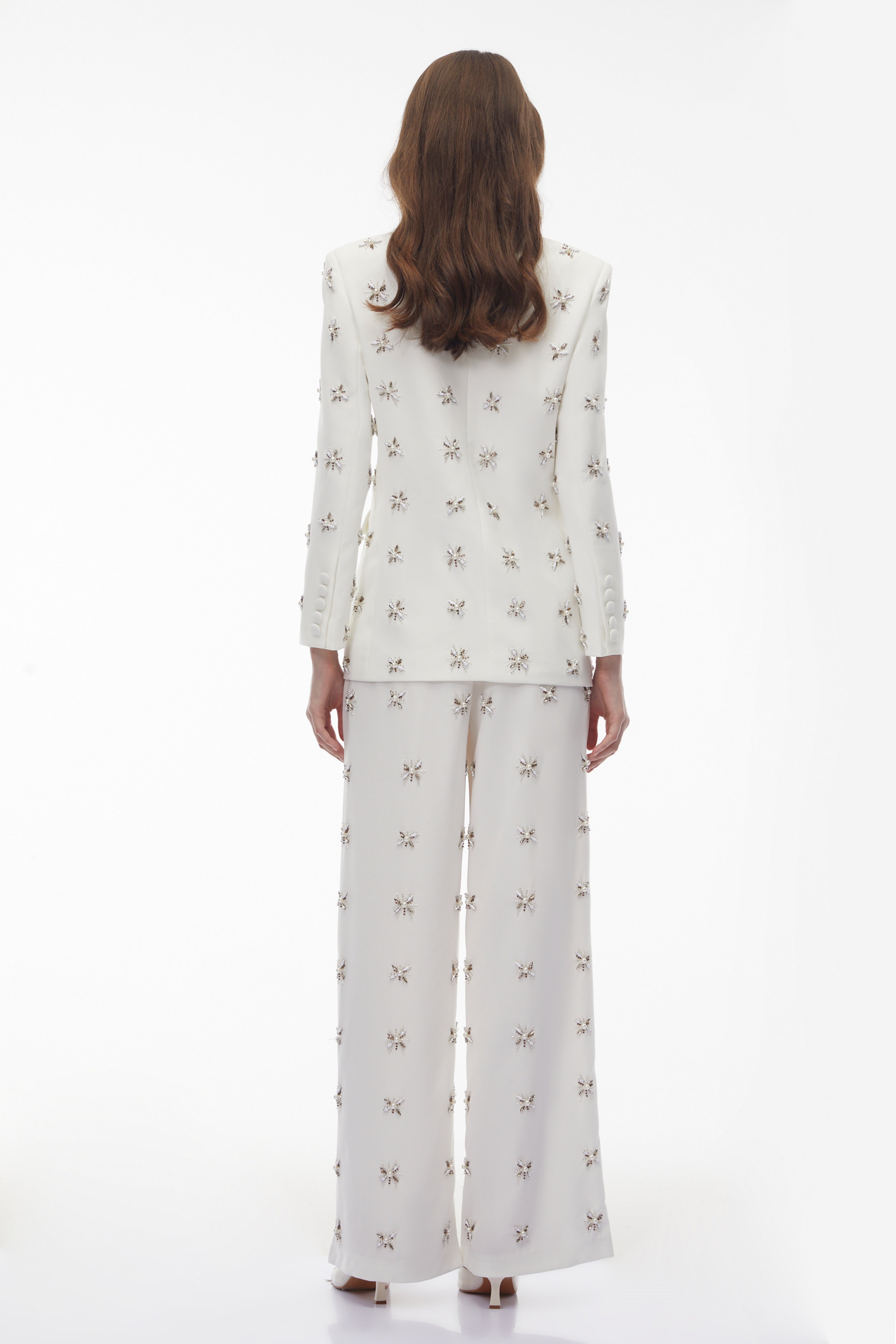 Jessica White Crystal Beaded Blazer & Trousers Set