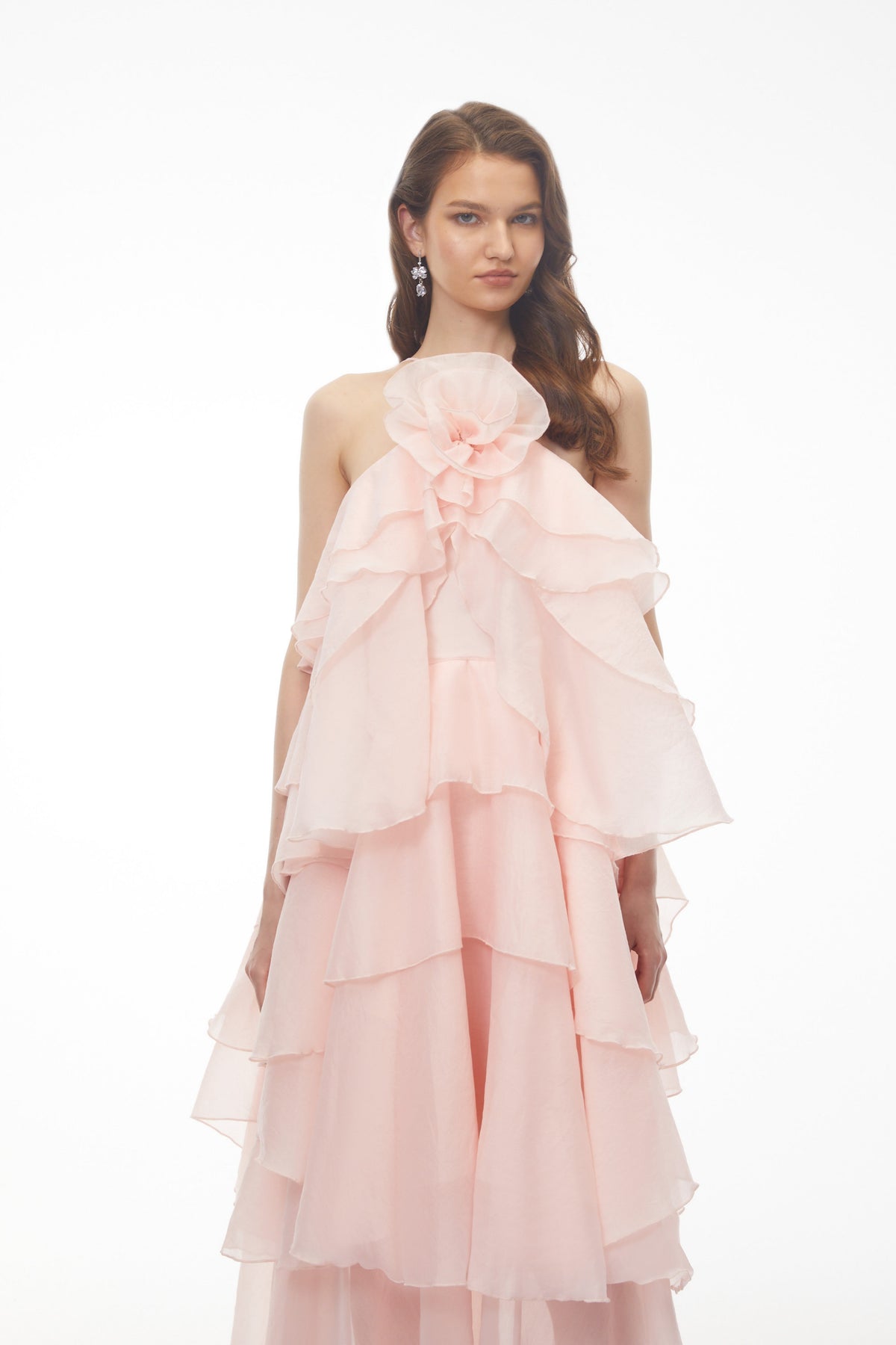 Carrie Pink Halterneck Flounced Maxi Dress