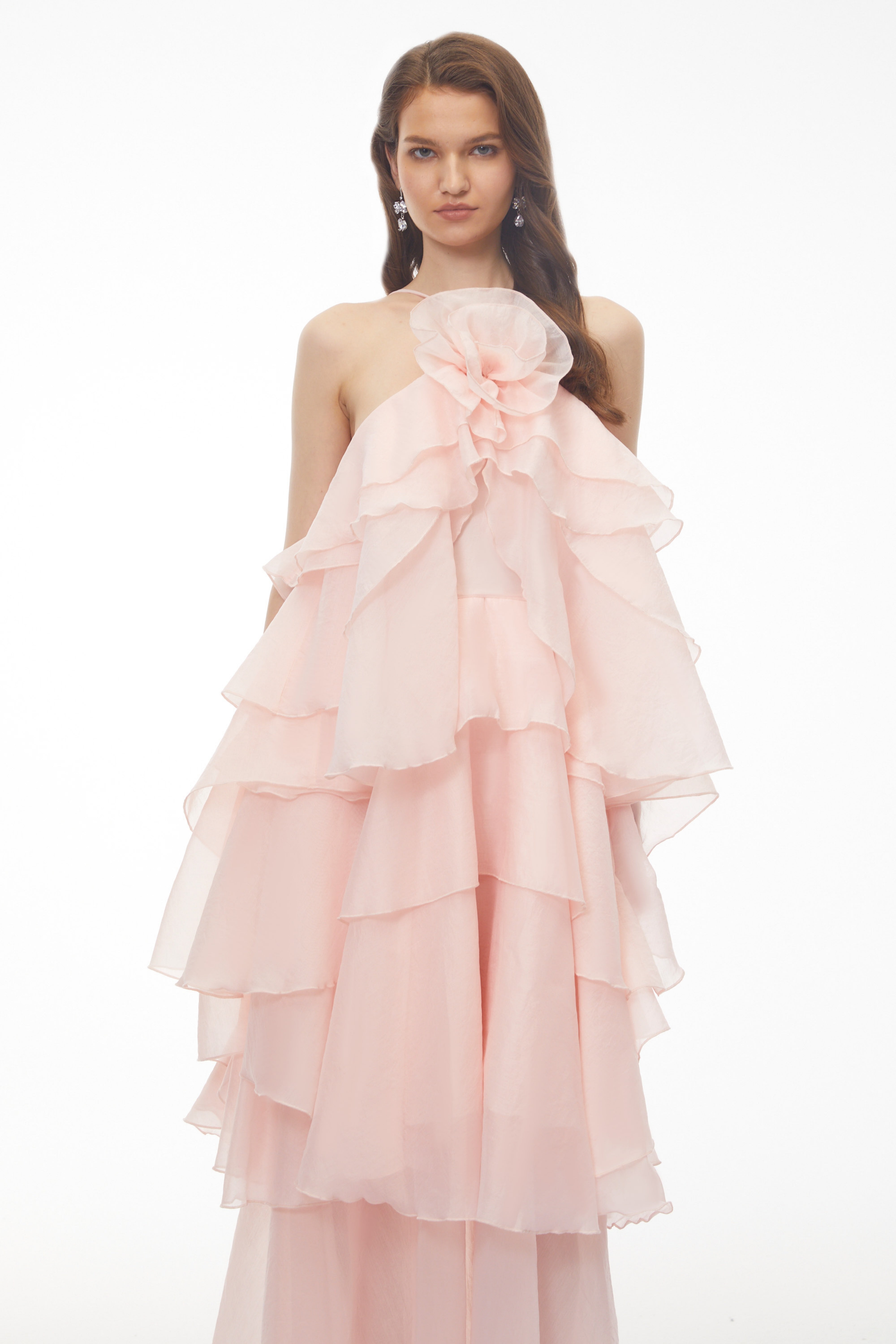 Carrie Pink Halterneck Flounced Maxi Dress