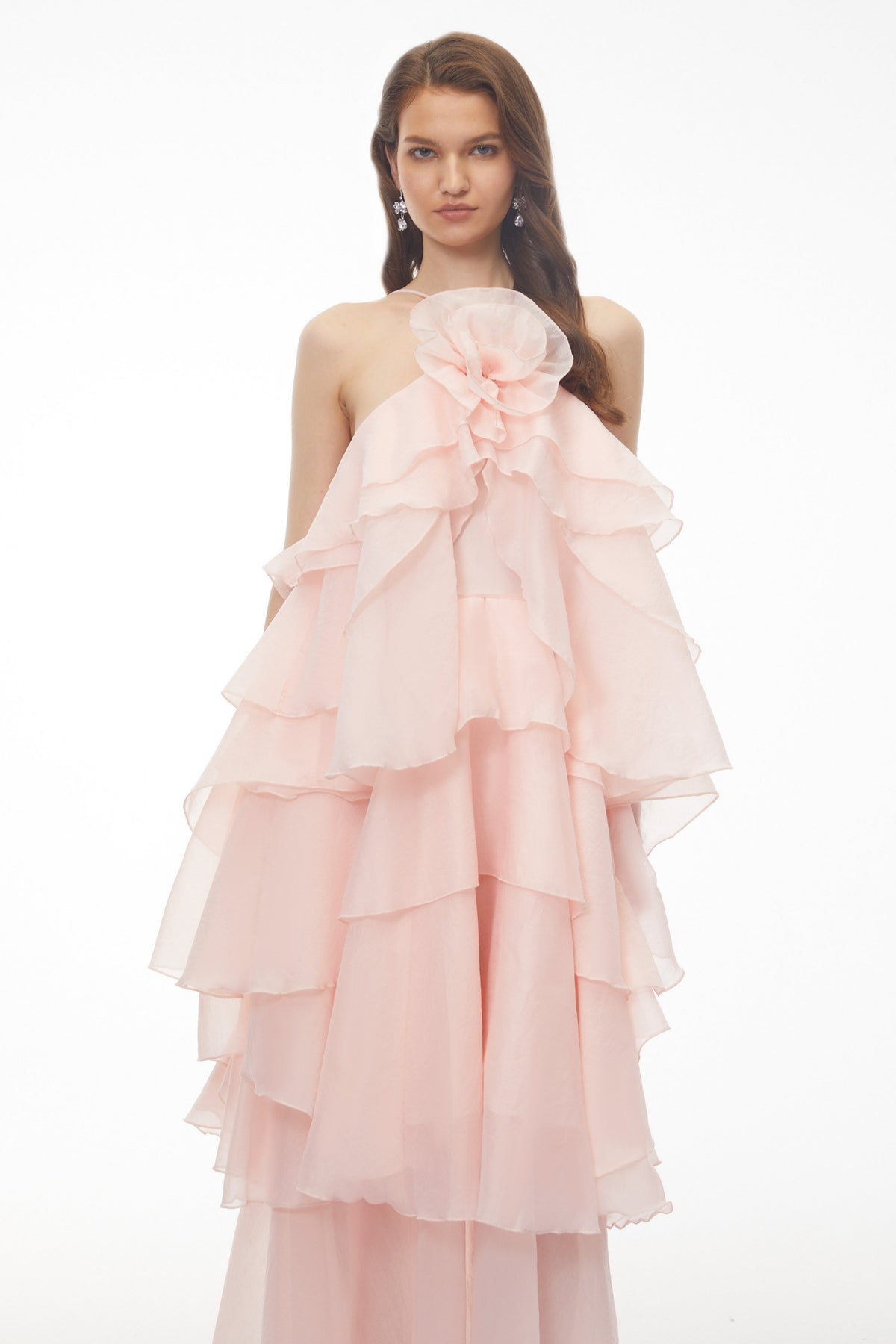 Carrie Pink Halterneck Flounced Maxi Dress