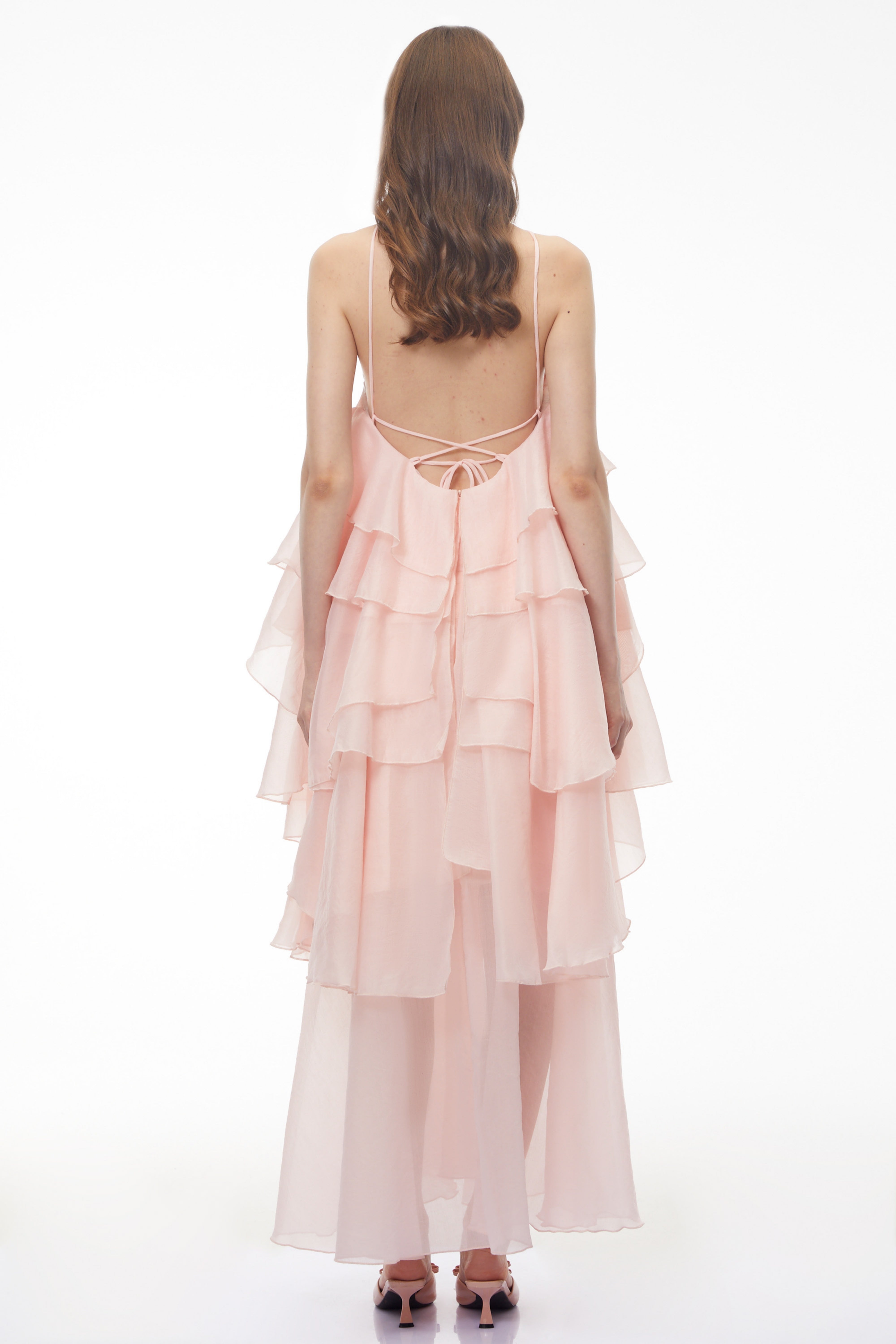 Carrie Pink Halterneck Flounced Maxi Dress