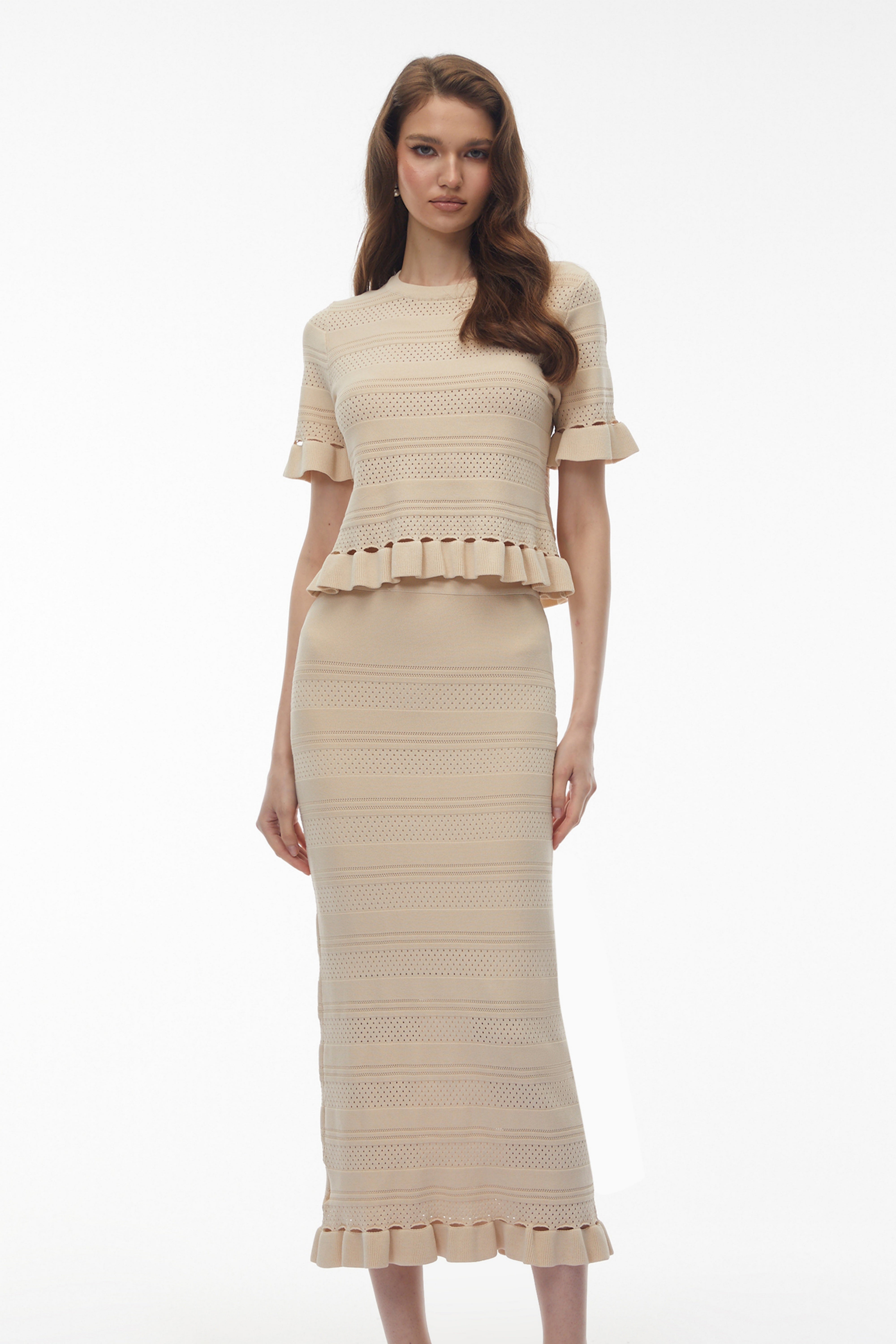 Jocasta Neutral Round Neck Knit Top & Skirt Set