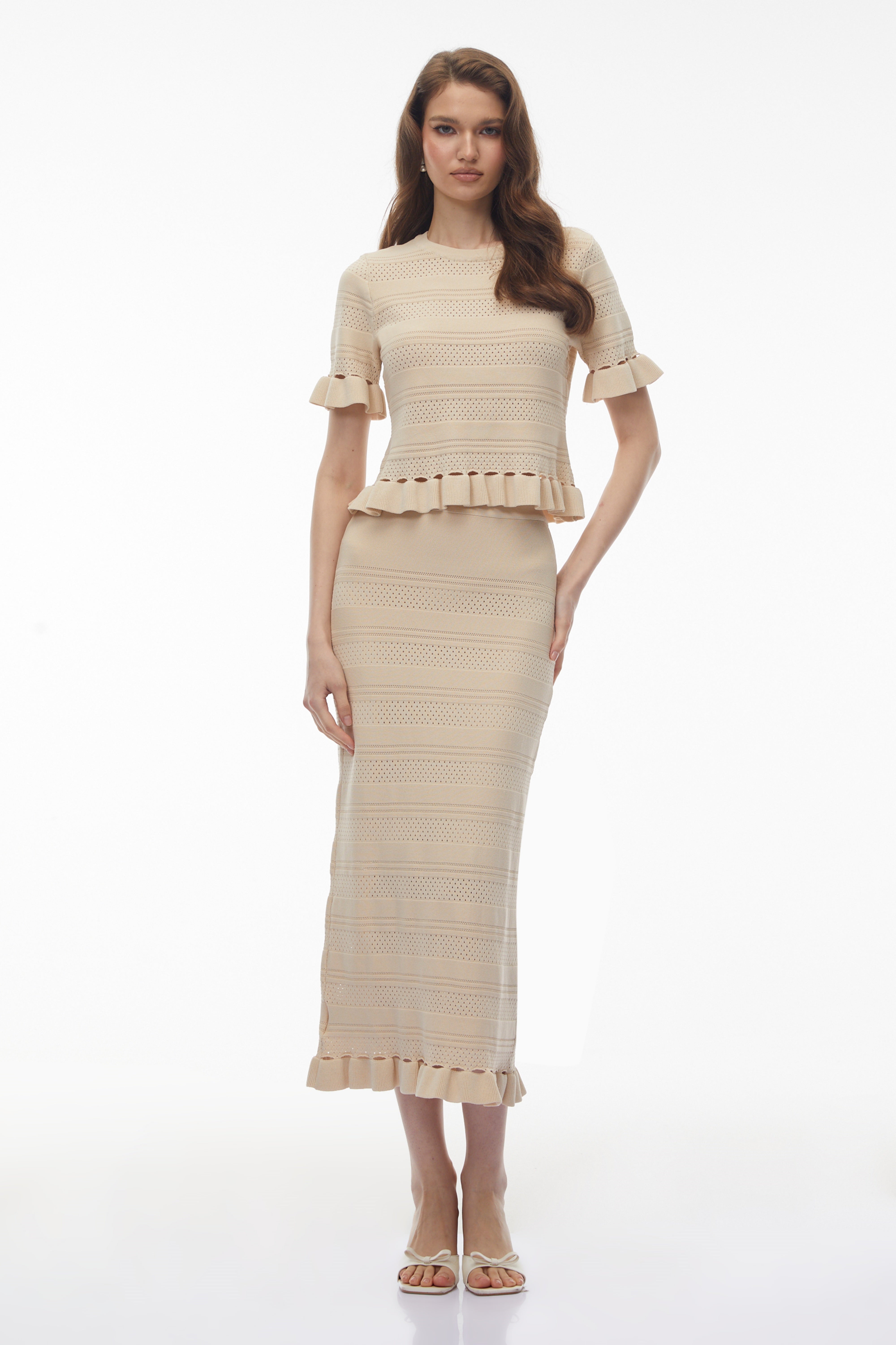 Jocasta Neutral Round Neck Knit Top & Skirt Set