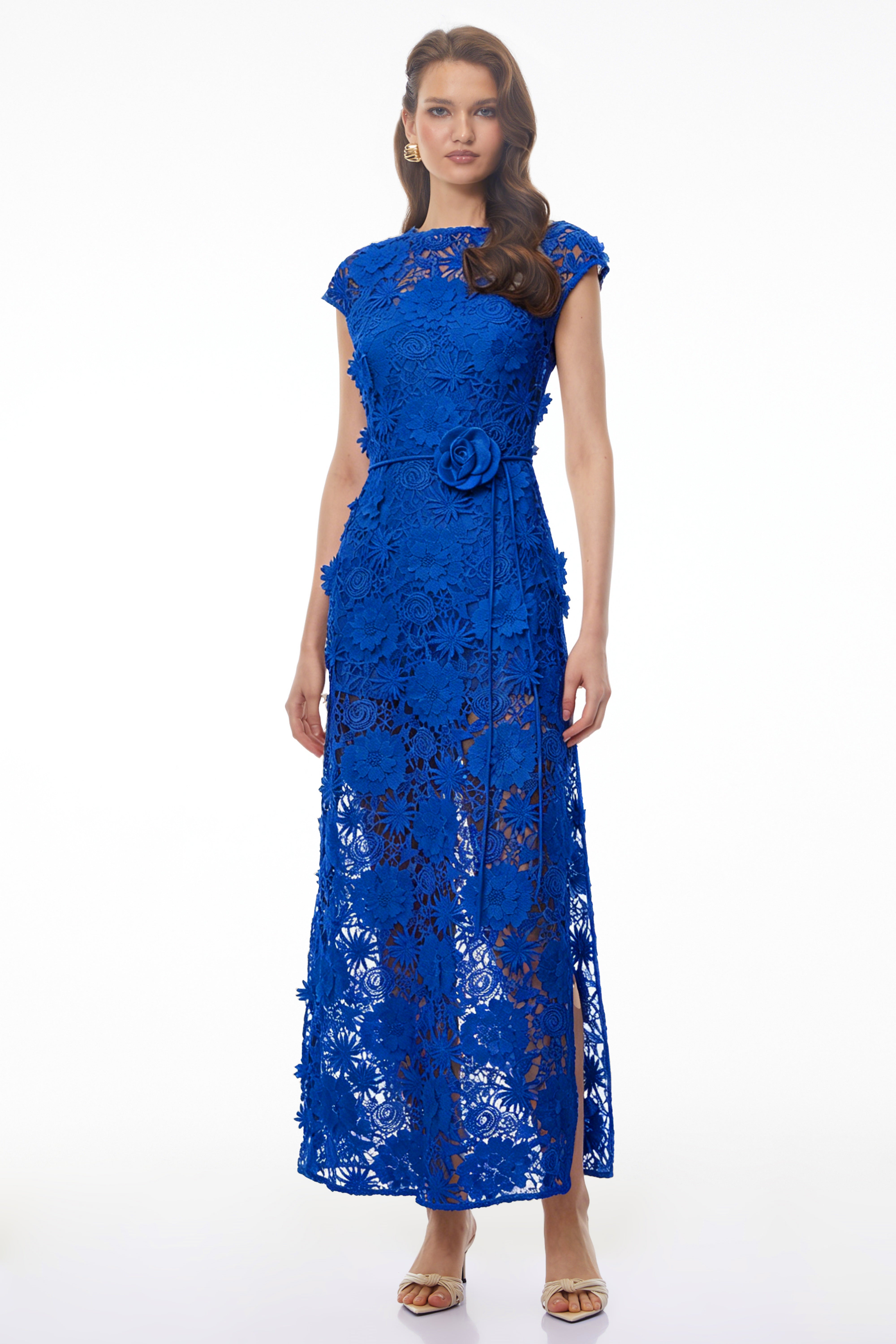 Jochebed Blue Floral Appliqué Maxi Dress witn Cut-Outs