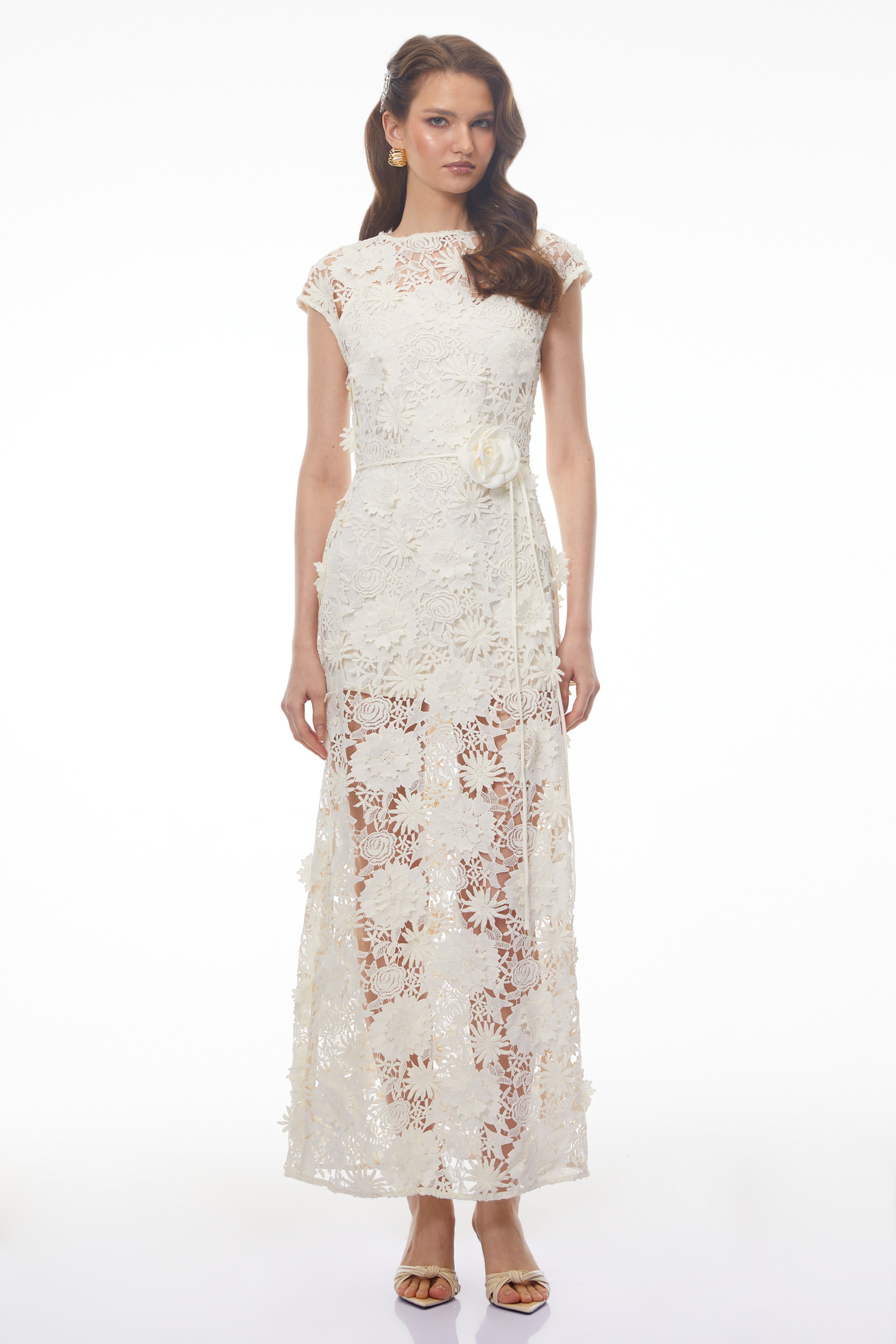Jochebed White Floral Appliqué Maxi Dress witn Cut-Outs